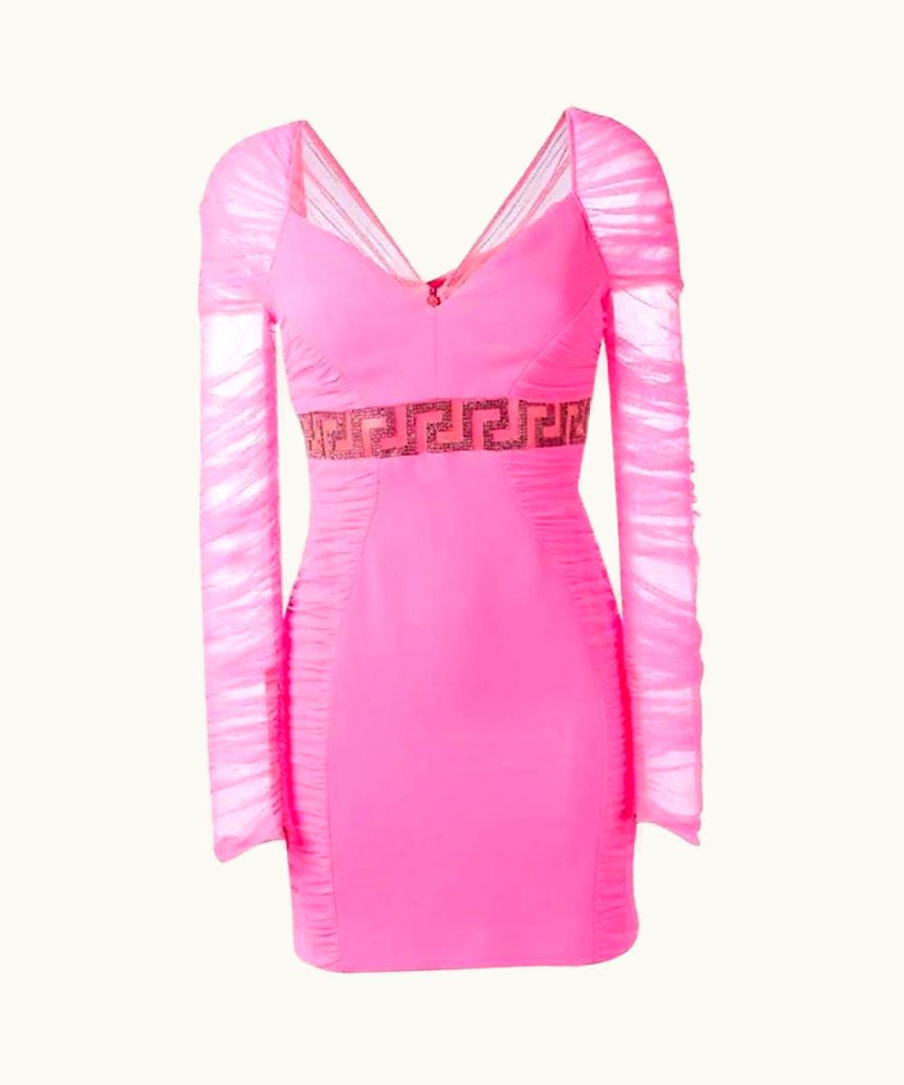 Versace Versace Neon Pink Crystal Embellished Draped Tulle Crepe Mini Dress