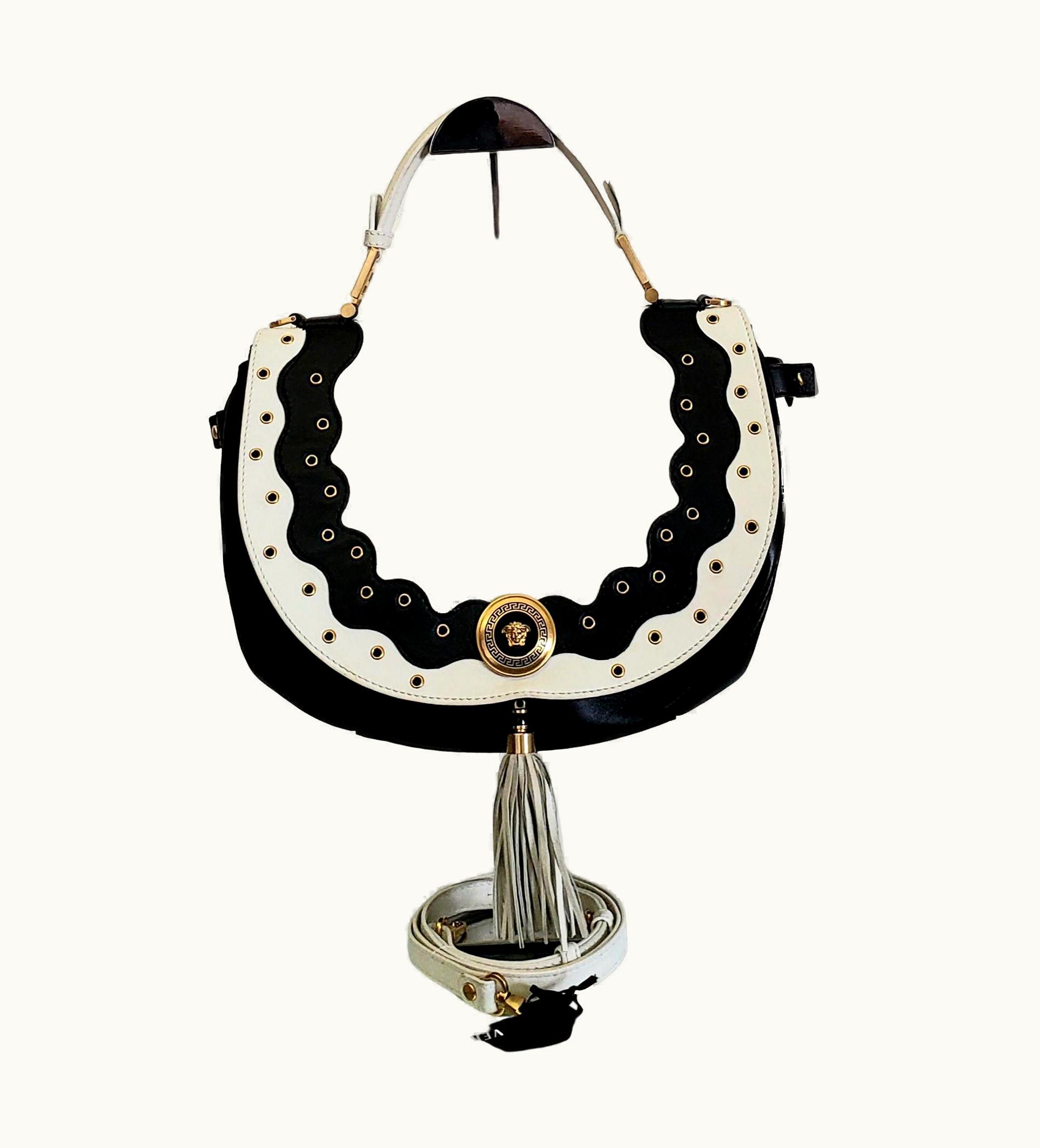 Versace Resort/12 Versace White And Black Leather Greek Medusa Tassel Shoulder/handbag