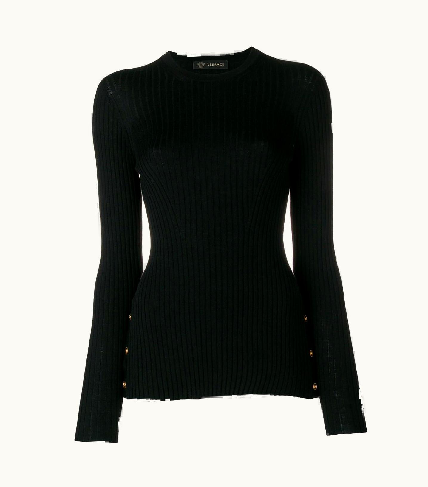 Versace Versace Black Long Sleeve Medusa Button Ribbed Pullover Knit Sweater Top