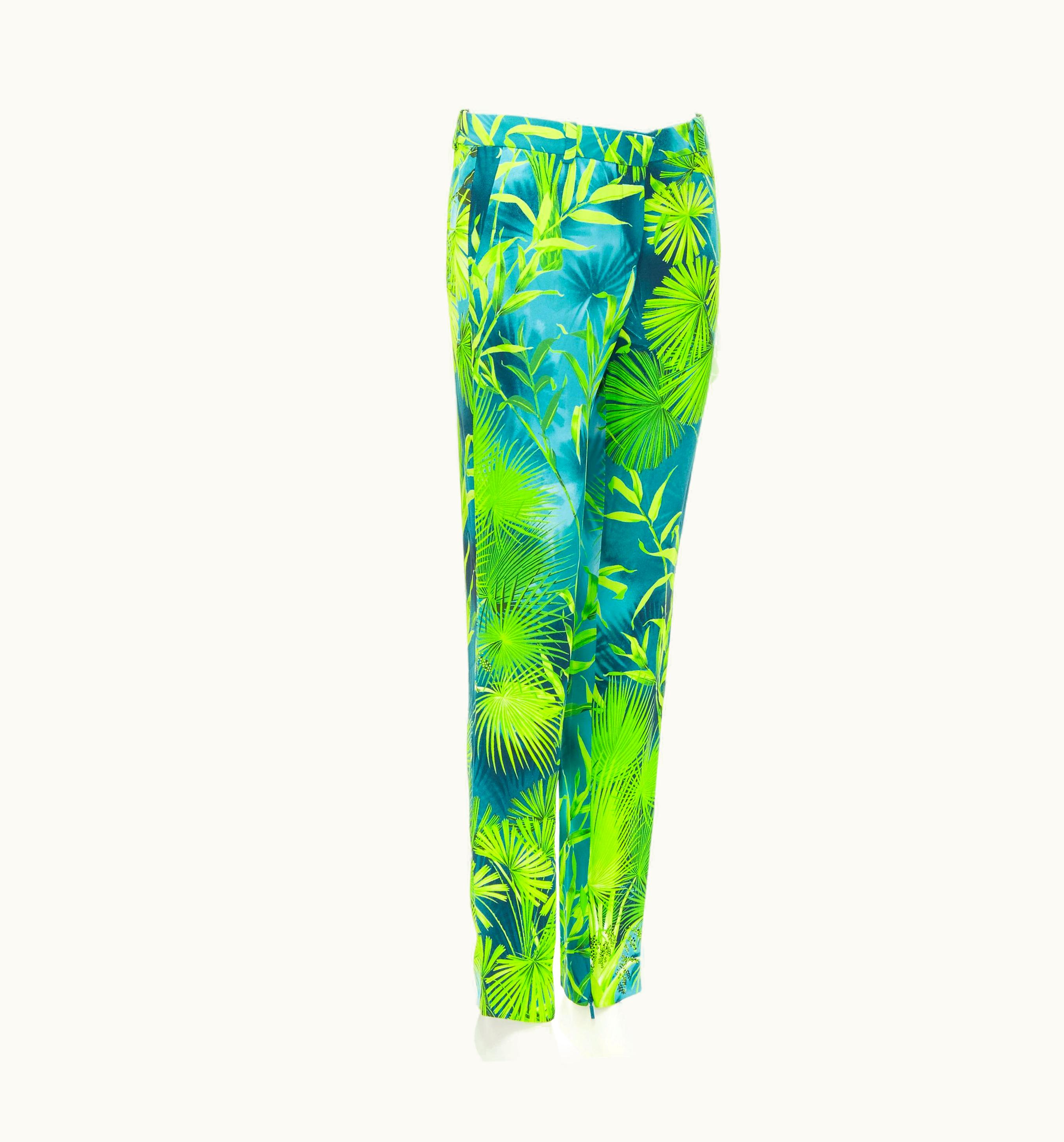 Versace Versace 2020 Runway Jlo Jungle Green Tropical Print Viscose Pants UZ0579460