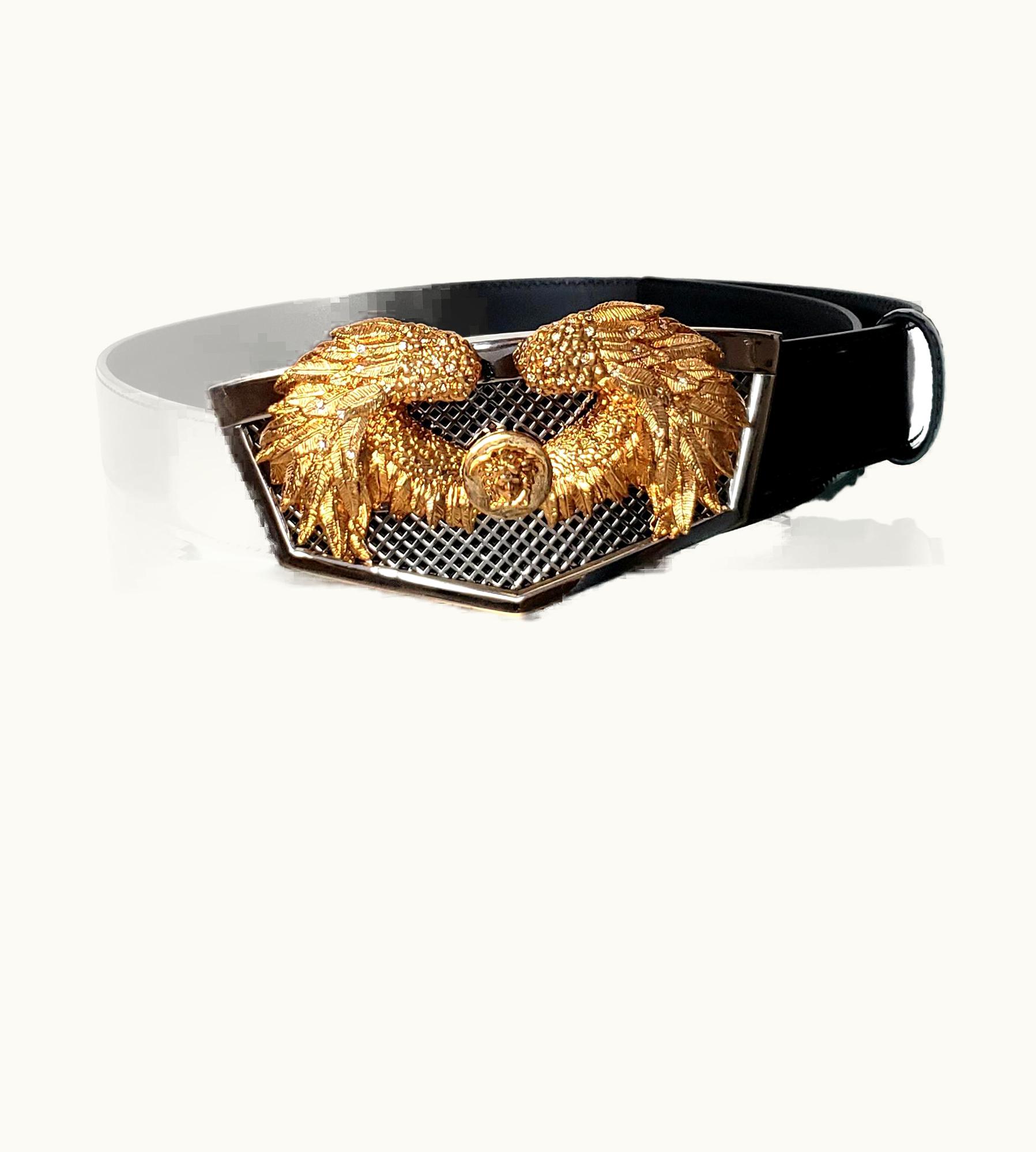Versace S/S 2020 Versace Black Patent Leather Belt WS/S Eagle And Swarovski Buckle 85/34