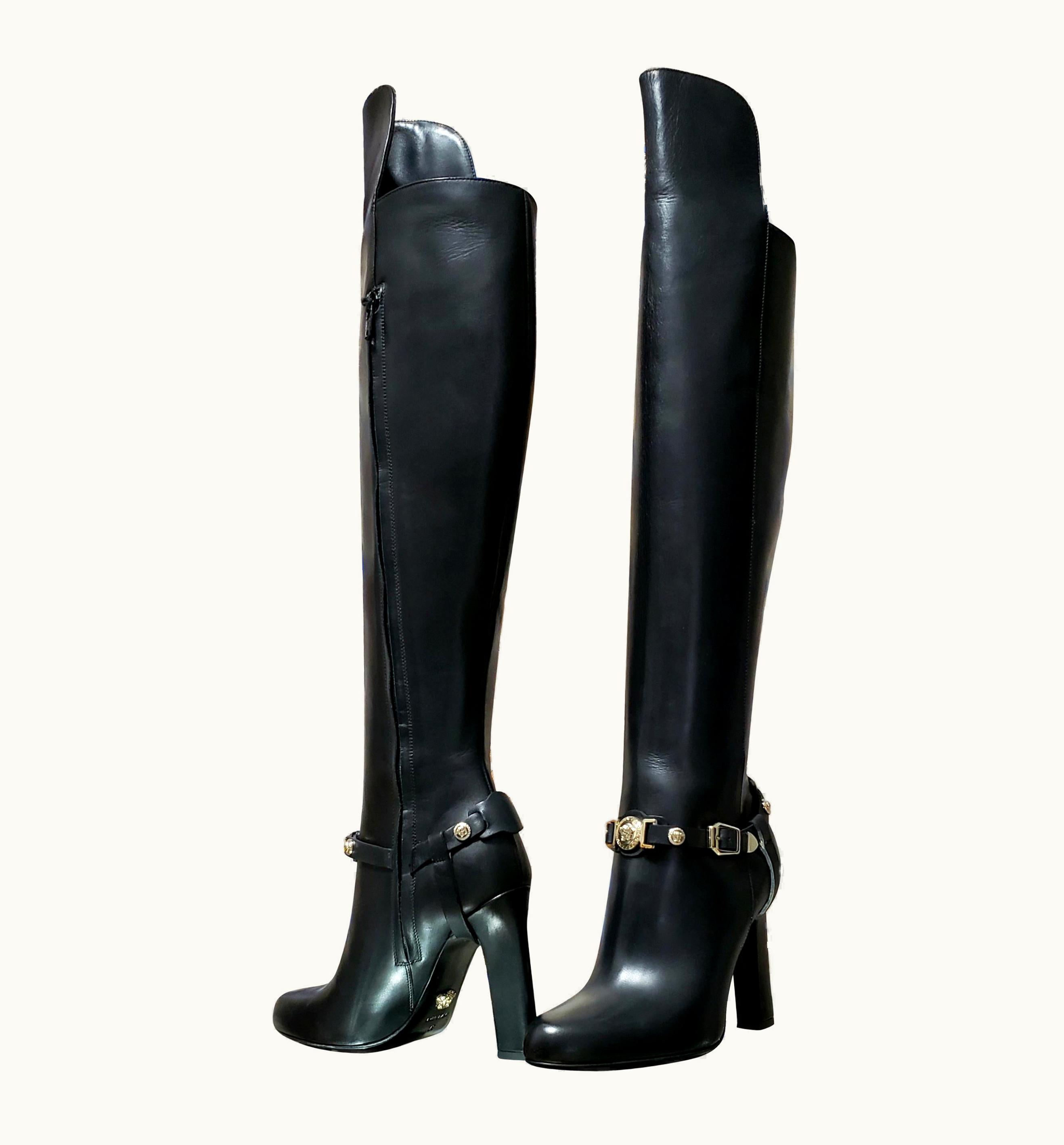 Versace Versace Over-the-knee Black Leather Horse Riding Style Boots w/HIGH Heels