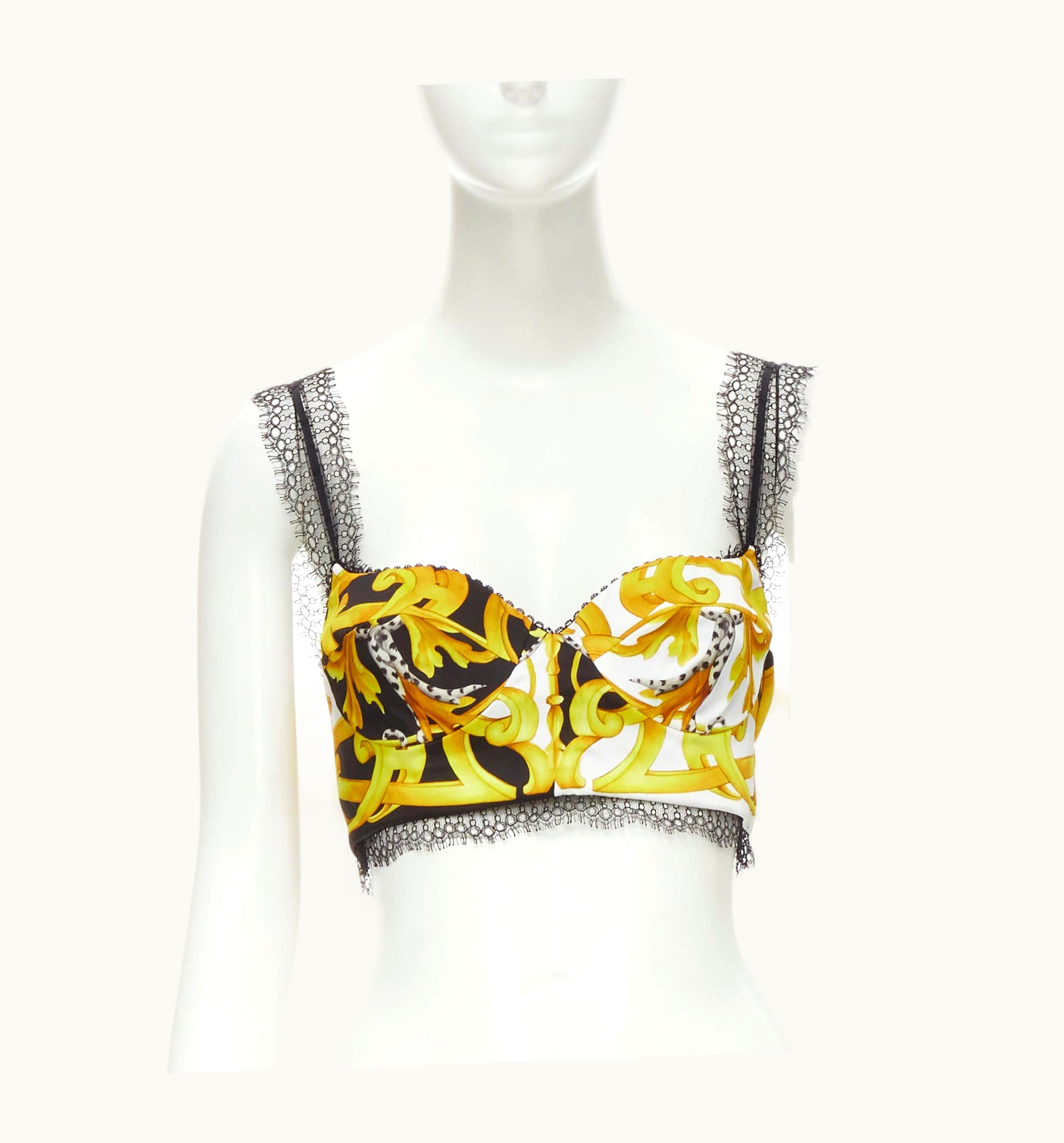 Versace Versace Barocco Acanthus Black Gold Print Lace Trimmed Bustier Bra UZ0579470