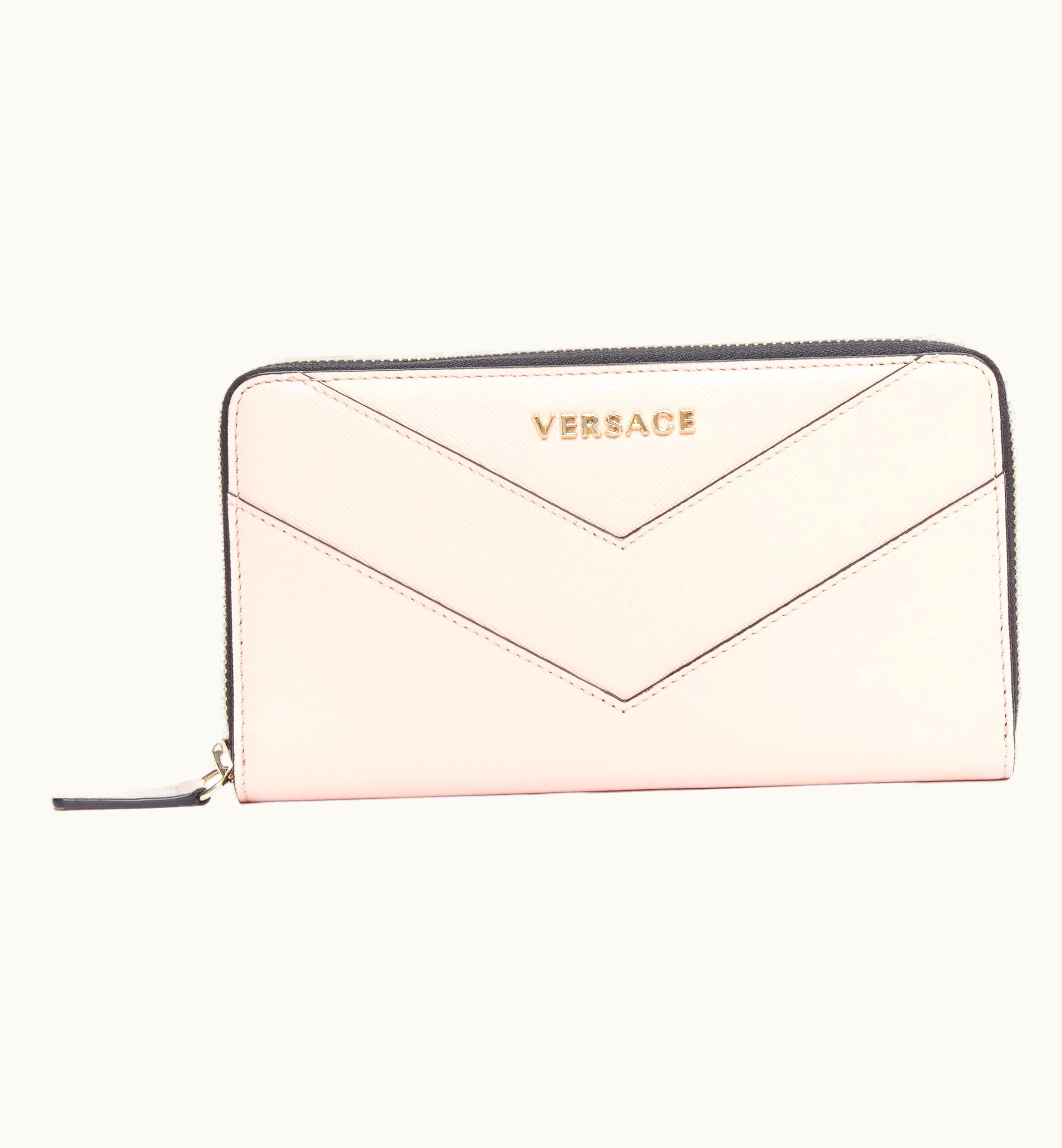 Versace Versace Light Pink Saffiano Leather Gold Logo V Stitch Continental Wallet