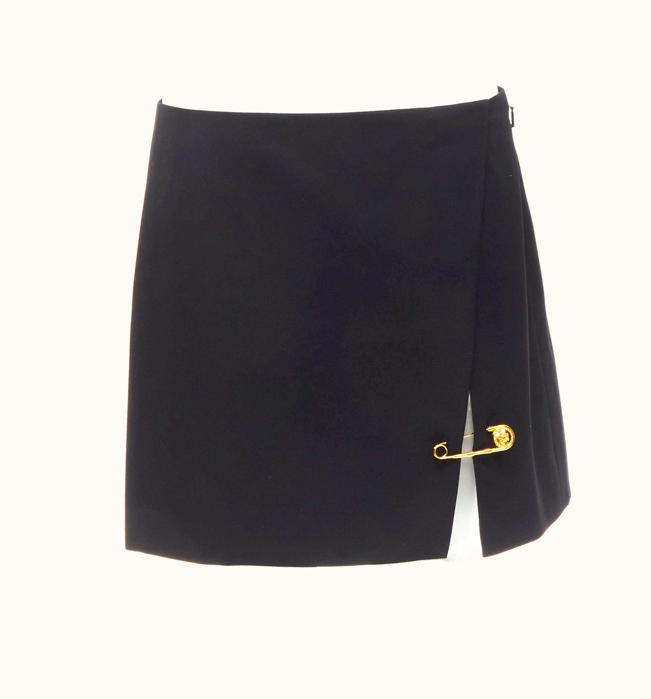 Versace Versace Black Viscose Gold Medusa Safety Pin High Slit Mini Skirt