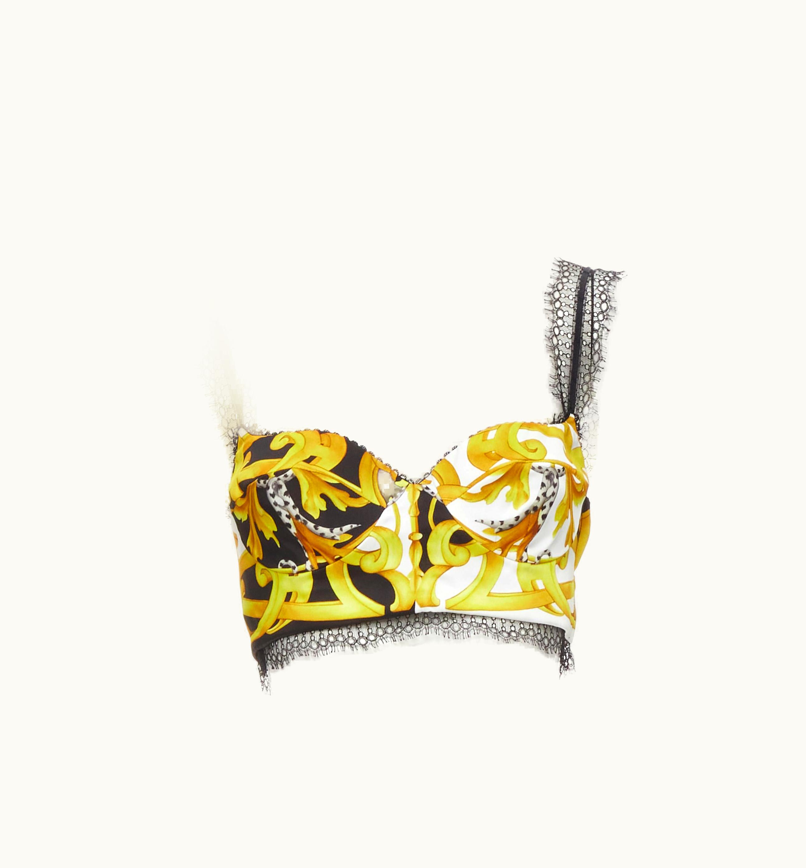 Versace Versace Barocco Acanthus Black Gold Print Lace Trimmed Bustier Bra UZ0579481