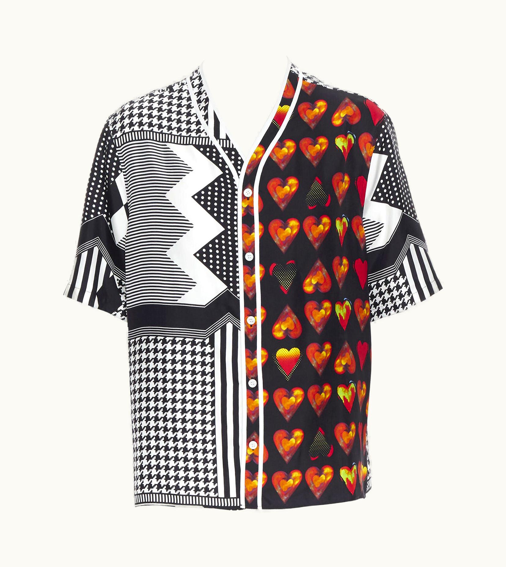 Versace Versace Jim Dine Red Heart Black Chevron Print Baseball Silk Shirt UZ0579486