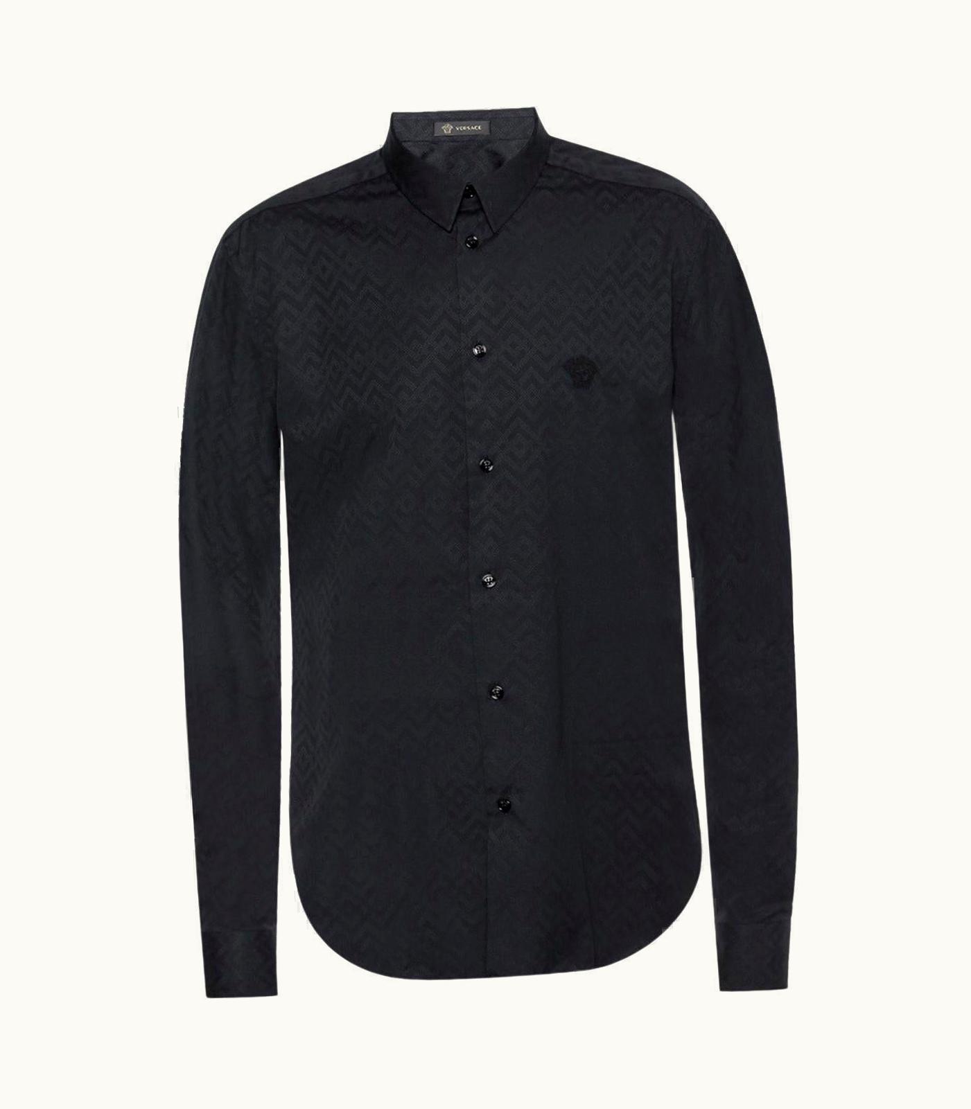 Versace Versace Mens Black Greca Argyle Print With Medusa Logo Button Down Shirt