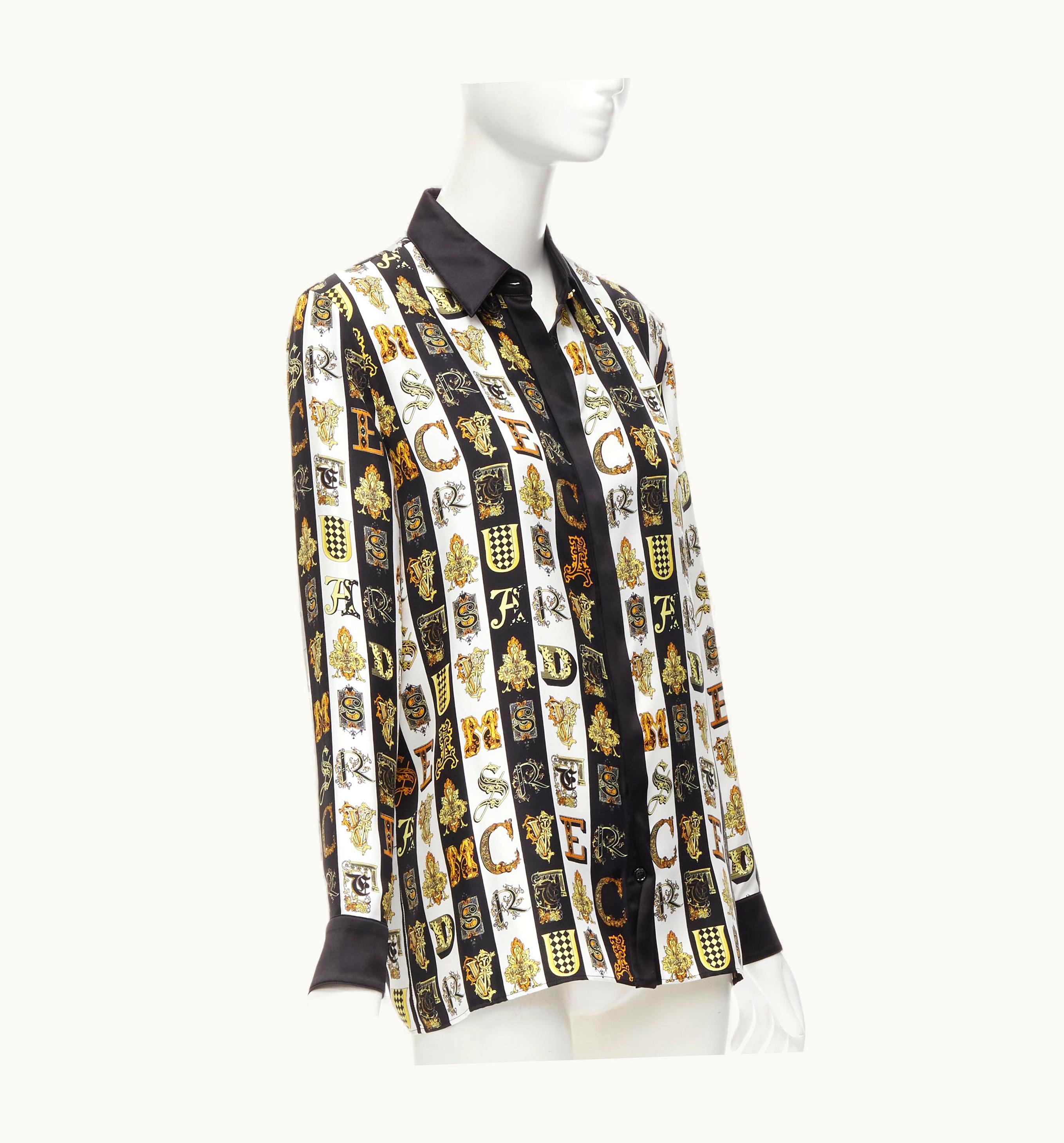 Versace Versace Virtus Alphabet Black Gold Barocco Medusa Button Silk Shirt