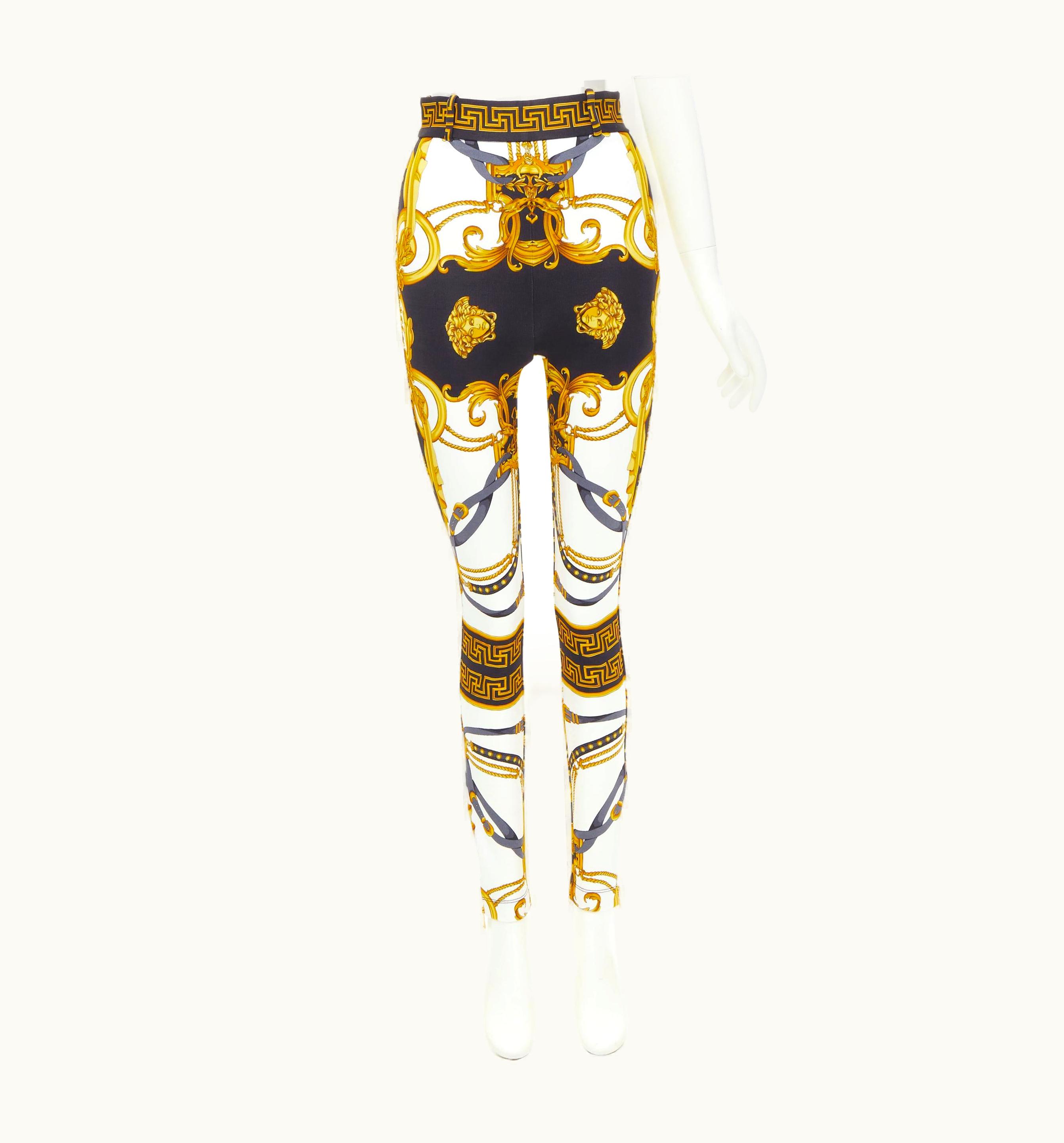 Versace Versace Runway Rodeo Barocco Black Gold Harness Stretch Legging Pants
