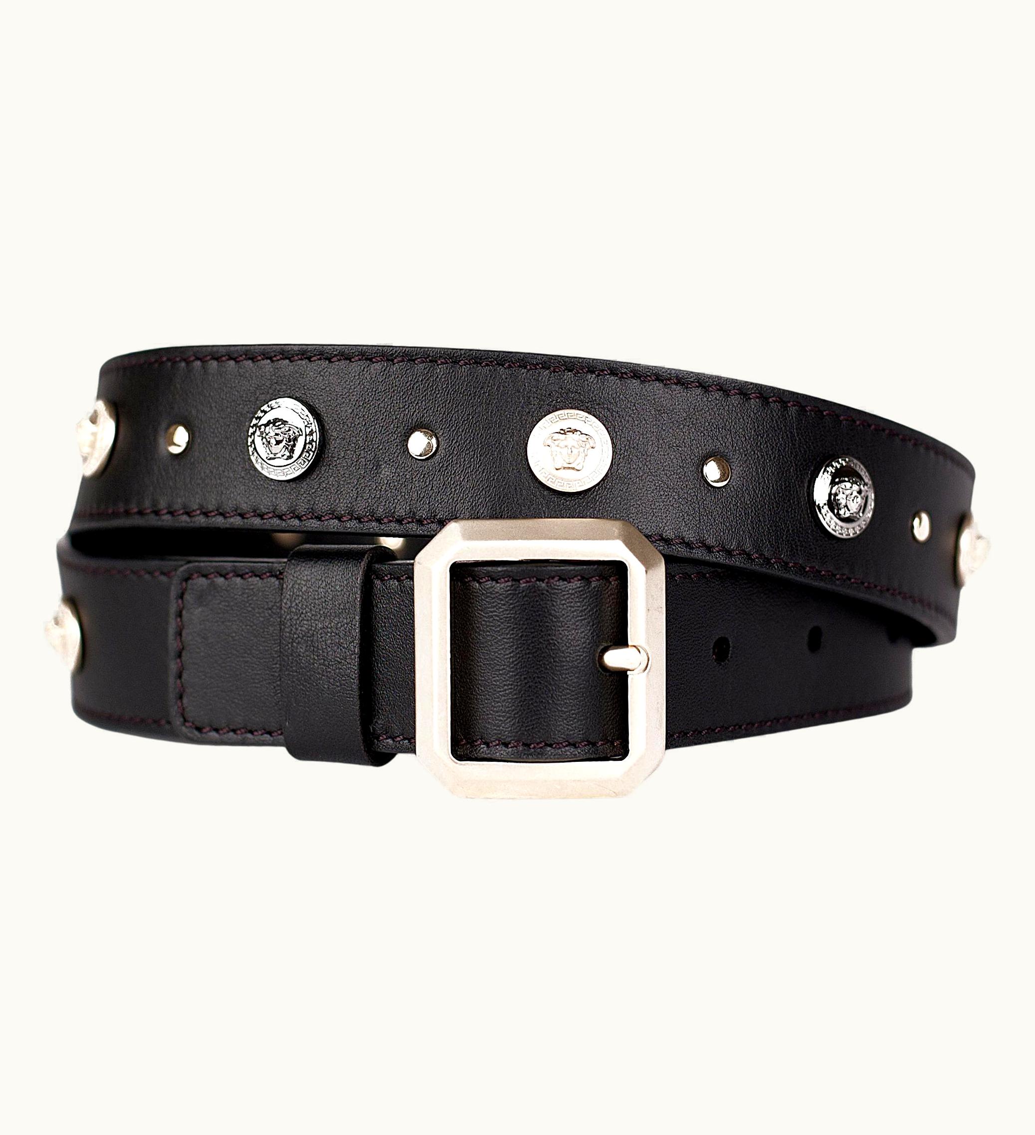 Versace Versace Black Leather Belt w/SILVER And Gold Color Medusa Greek Key Studs 85/34