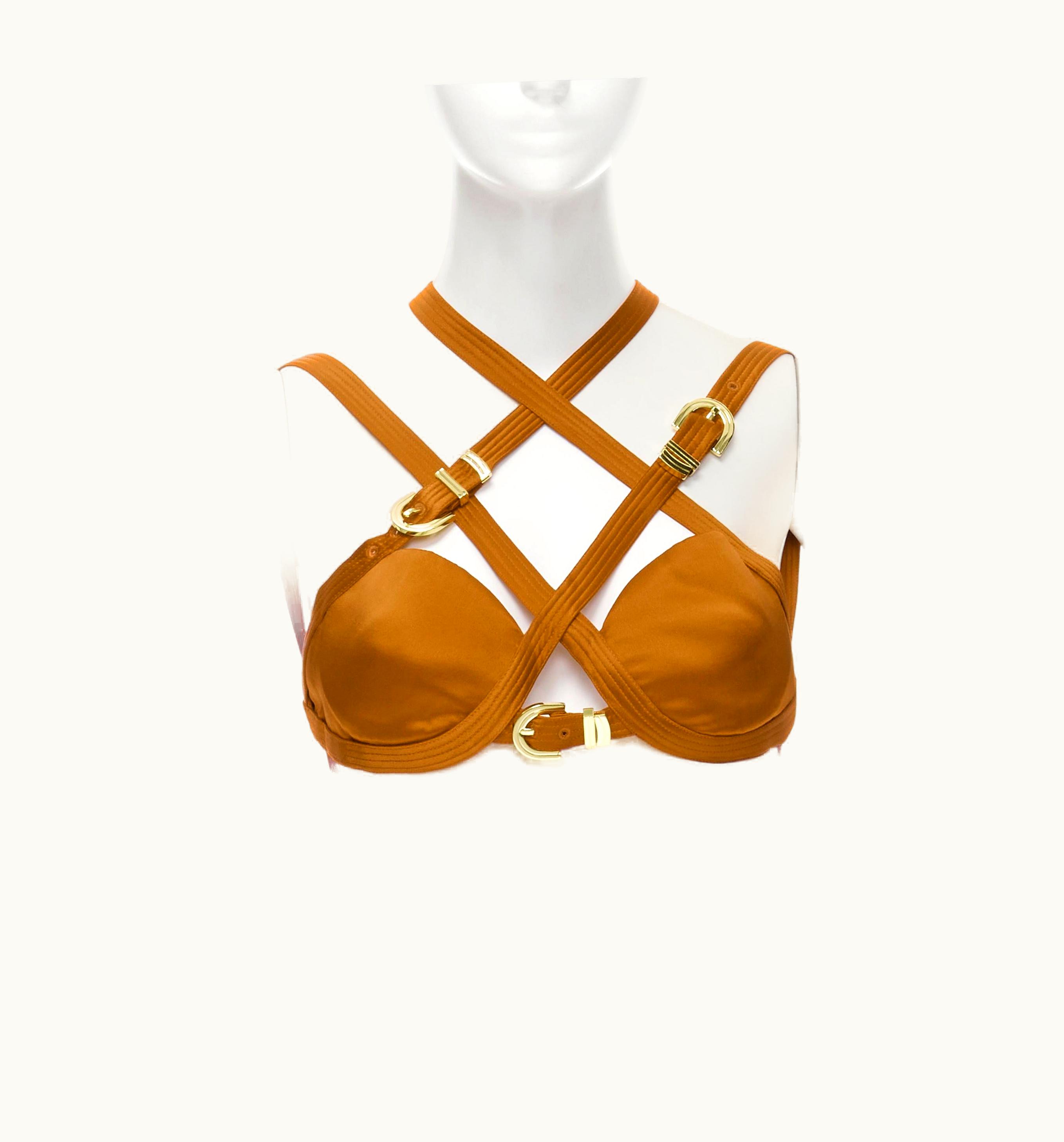Versace Versace 2019 Runway &m Bondage Tribute Brown Silk Gold Buckle Bra UZ0579517