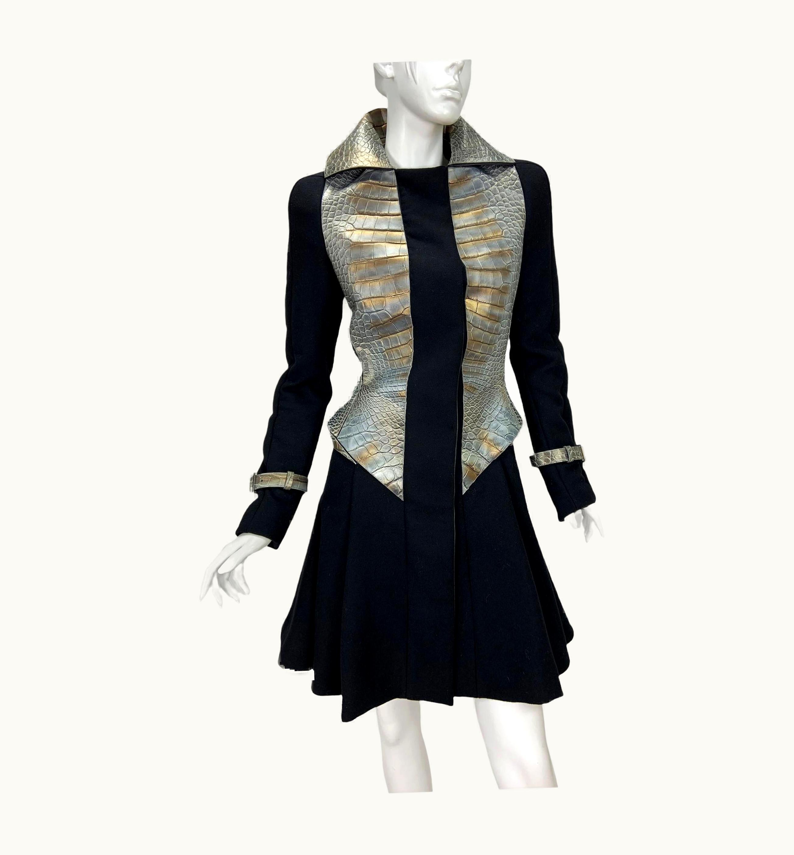 Versace Versace Black Wool Leather Crocodile Pattern Fitted Coat It 38 - Us