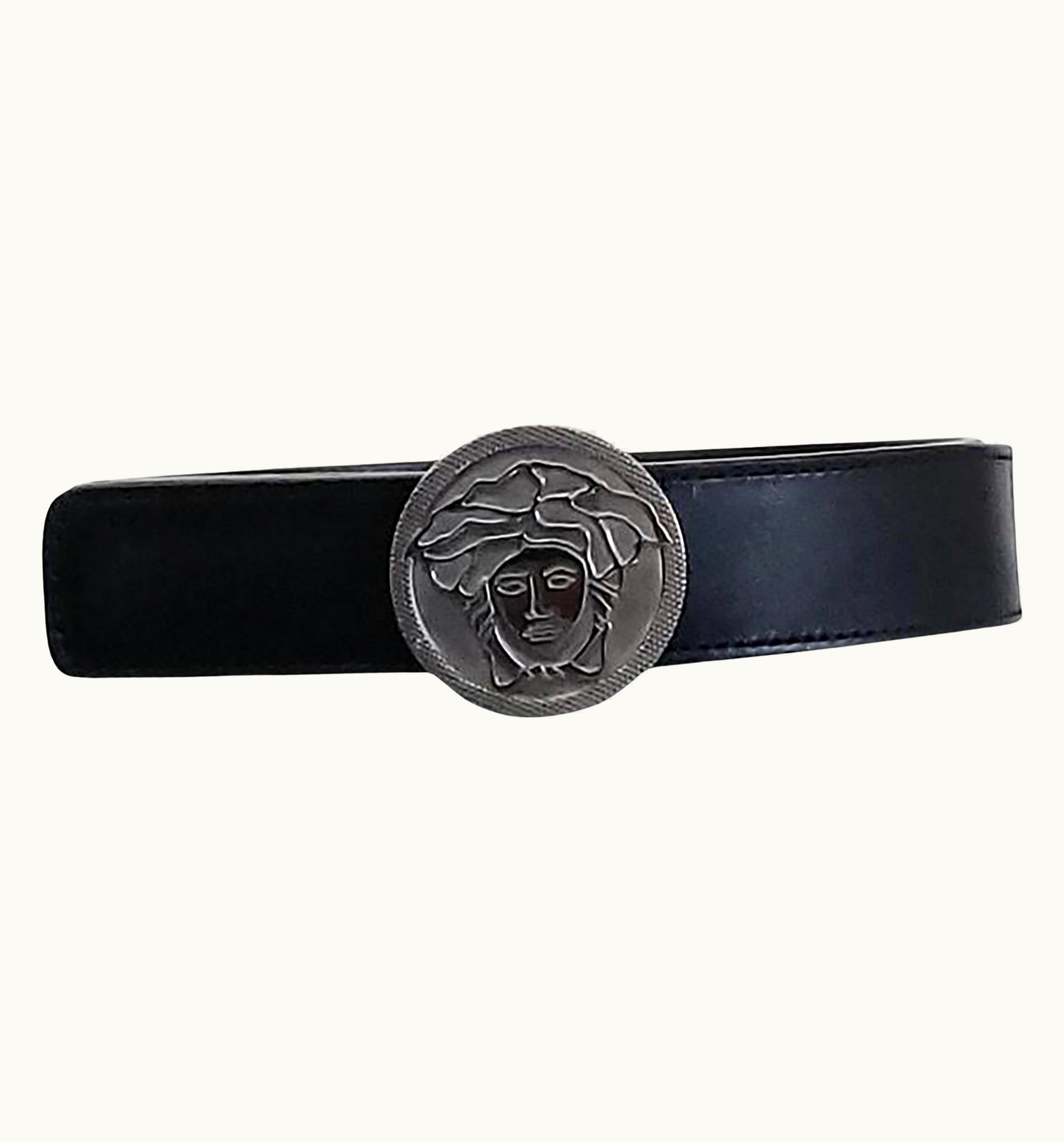 Versace Versace Black Leather Belt With Titanium Color Medusa Round Grooved Buckle 90/36