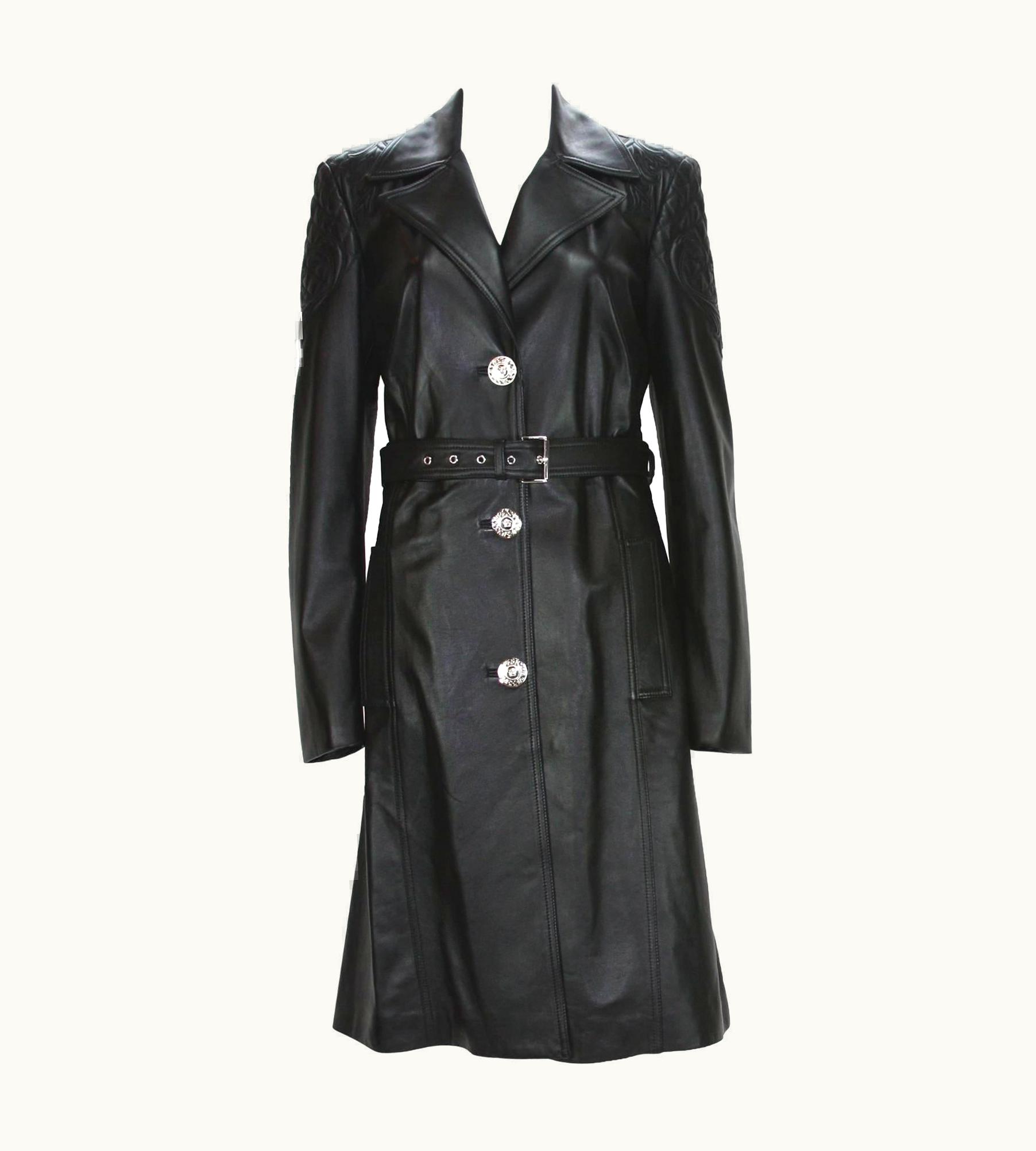 Versace Versace $7725 Quilted Black Soft Leather Women' Trench Coat With Belt It