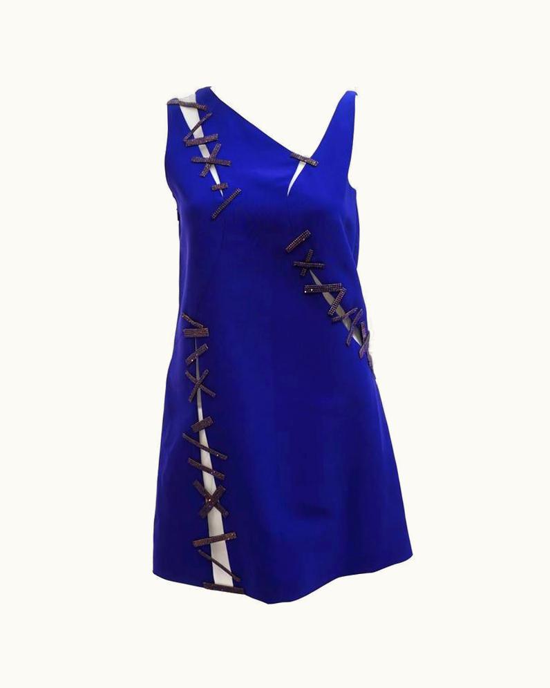 Versace Versace Cut-out Swarovski Crystal Embellished Purple Blue Silk Dress