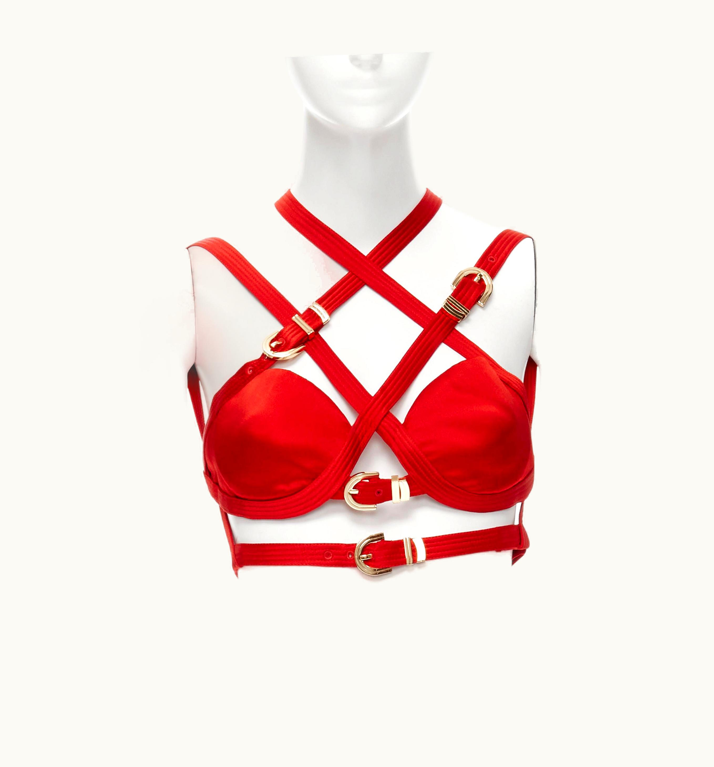 Versace Versace 2019 Runway &m Bondage Tribute Red Silk Gold Buckle Bra Top UZ0579542