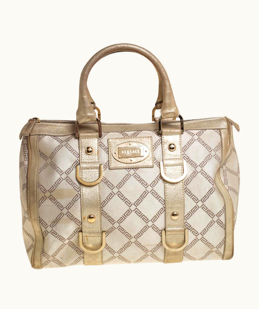 Versace Versace Metallic Gold/Cream Signature Canvas And Leather Snap Out Of It Satchel UZ0579546