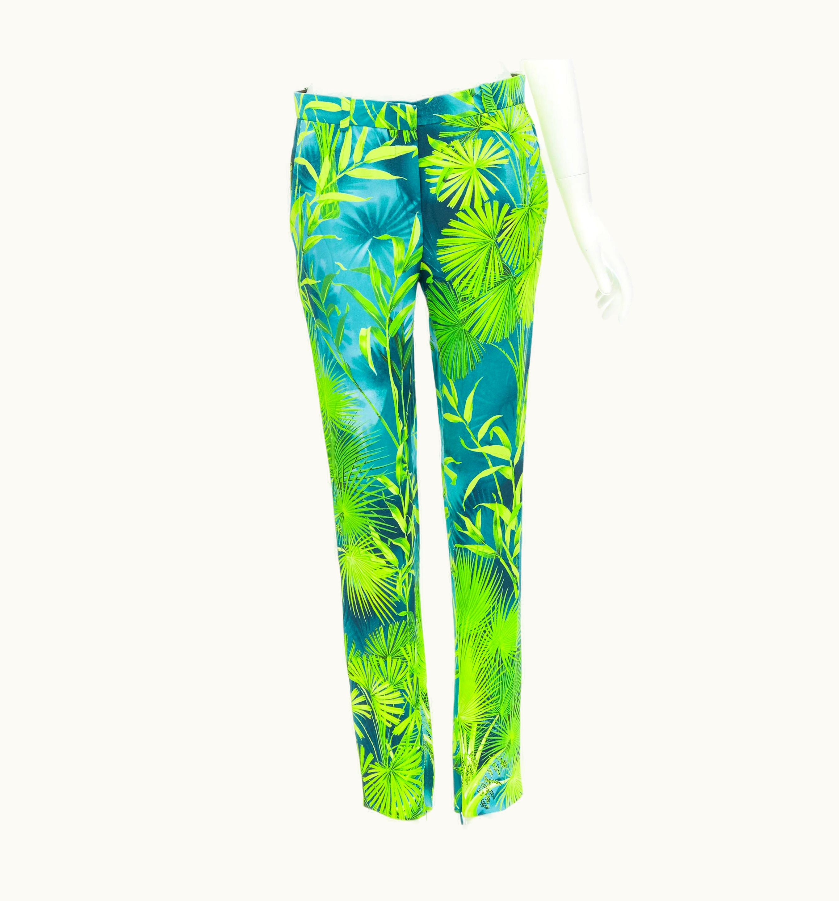 Versace Versace 2020 Runway Jlo Jungle Green Tropical Print Viscose Pants UZ0579552