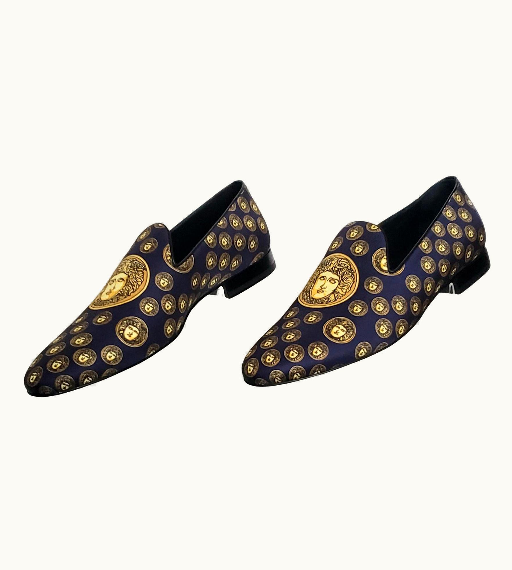 Versace Sold Out!!! Versace Navy Blue Silk Loafers w/GOLD Medusa Print