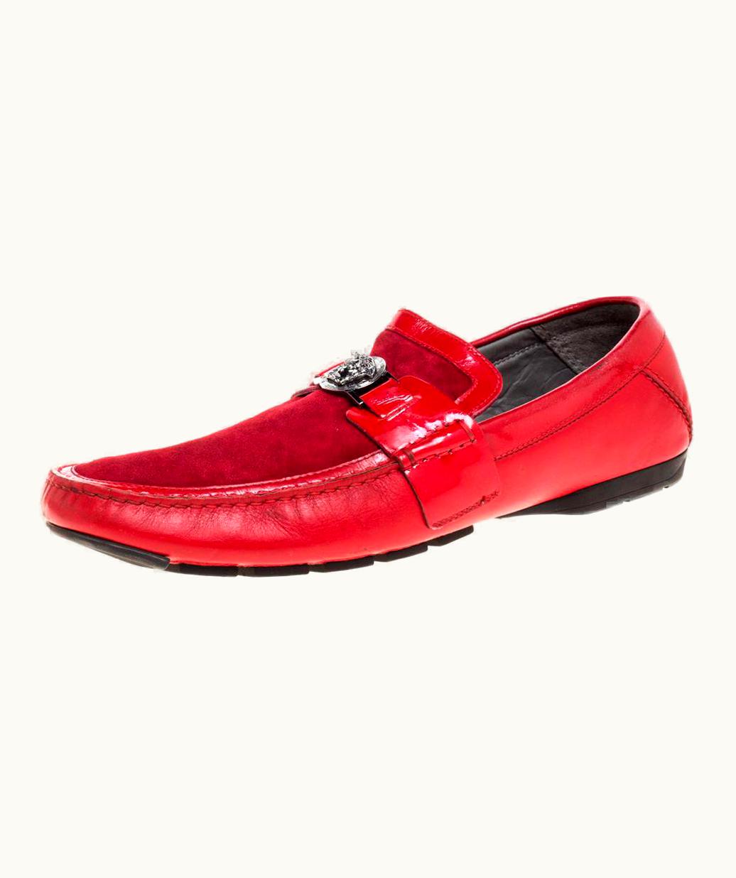 Versace Versace Red Leather And Suede Medusa Detail Slip On Loafers