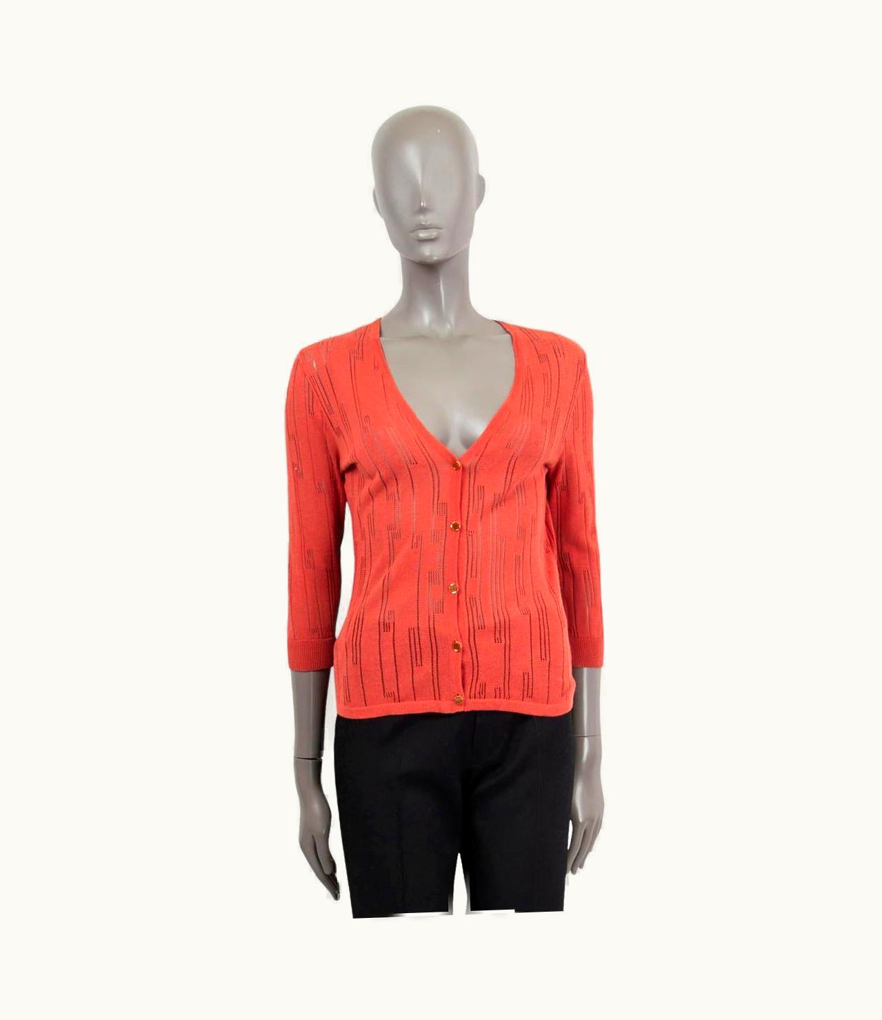 Versace Versace Coral Red Viscose & Cotton Pointelle Button Front Cardigan Sweater