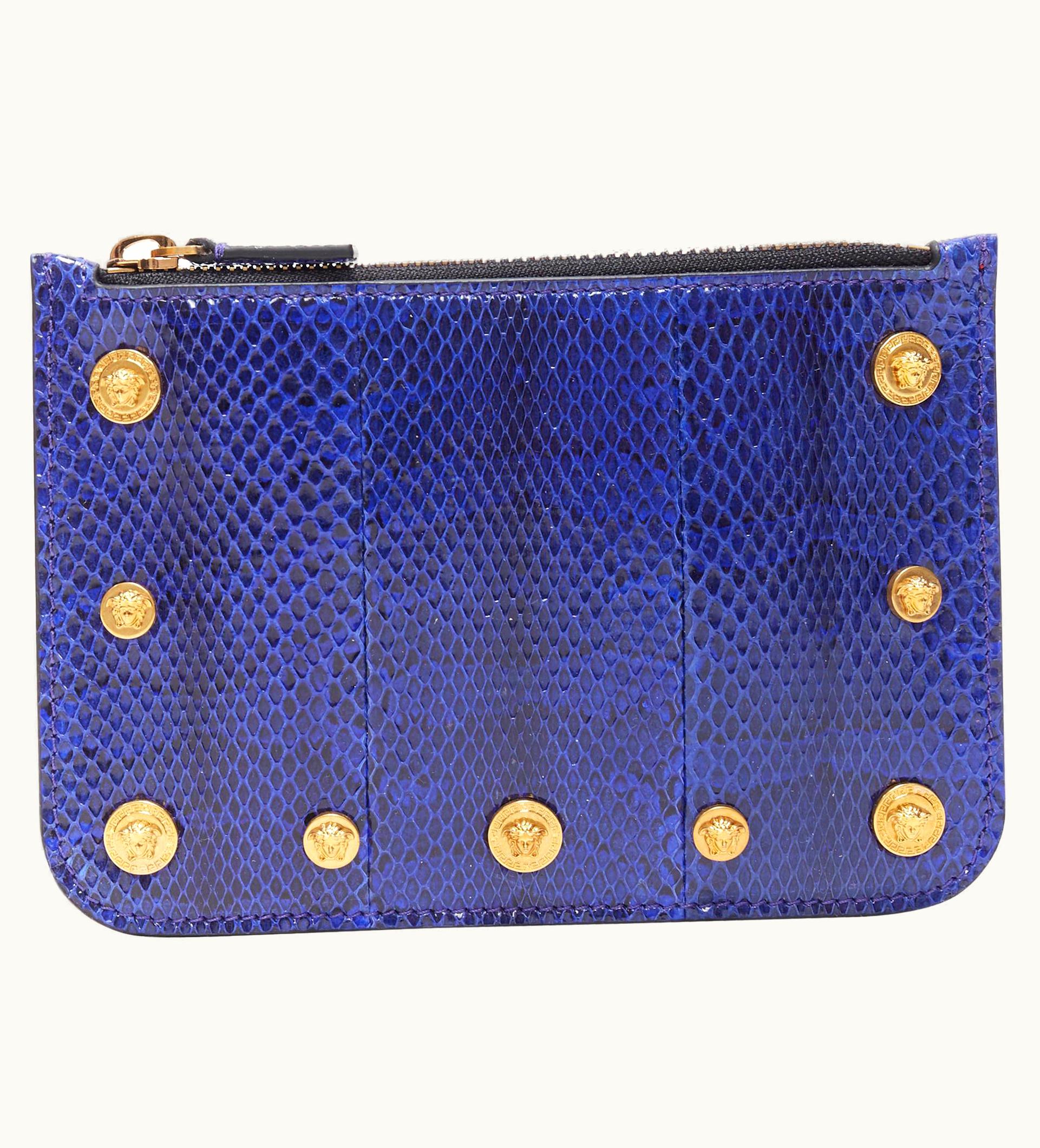 Versace Versace Ayers Scaled Leather Gold Medusa Stud Bordered Top Zip Pouch Case