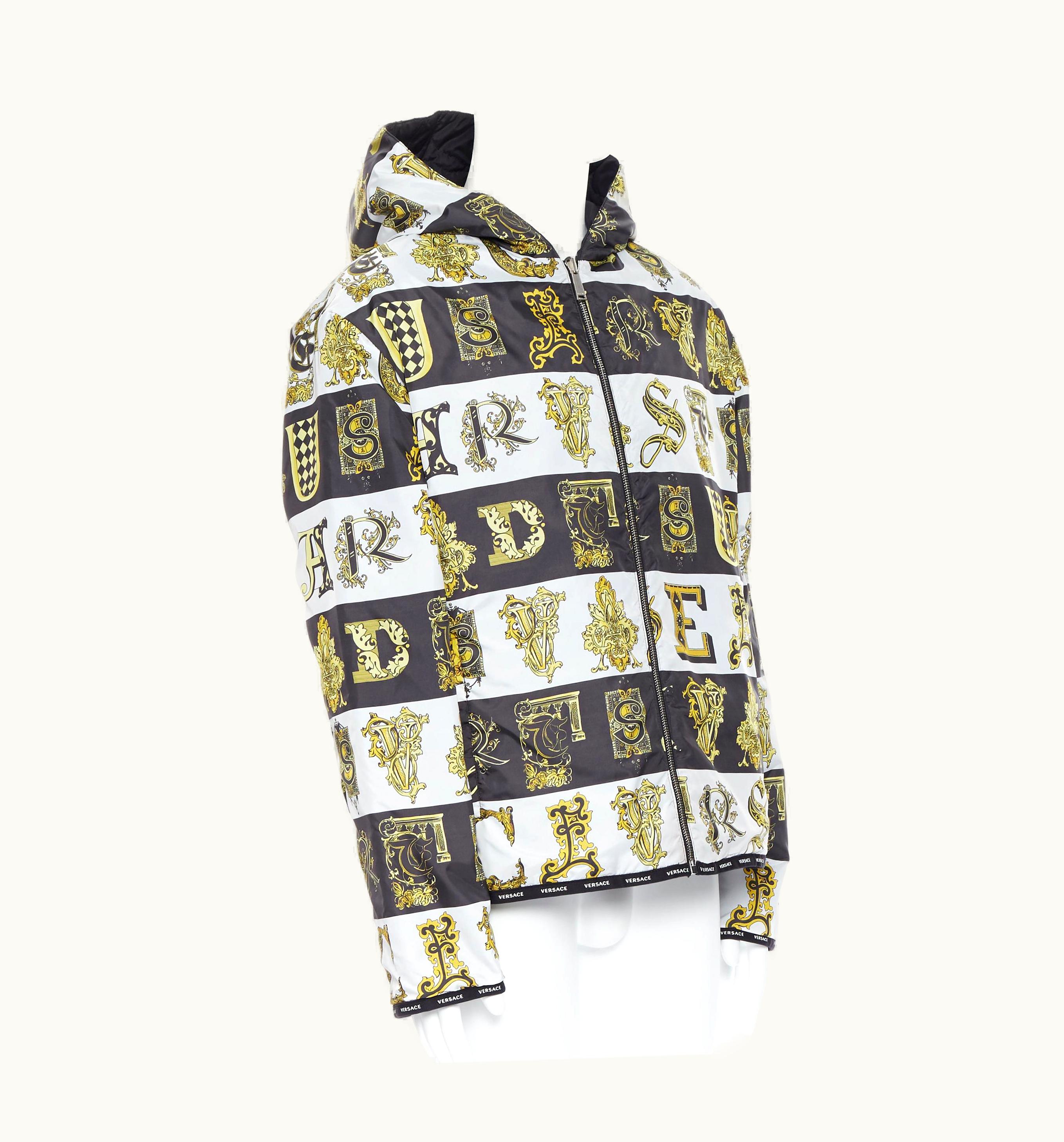 Versace Versace Reversible Baroque Alphabet Gold Black Nylon Quilted Jacket UZ0579576
