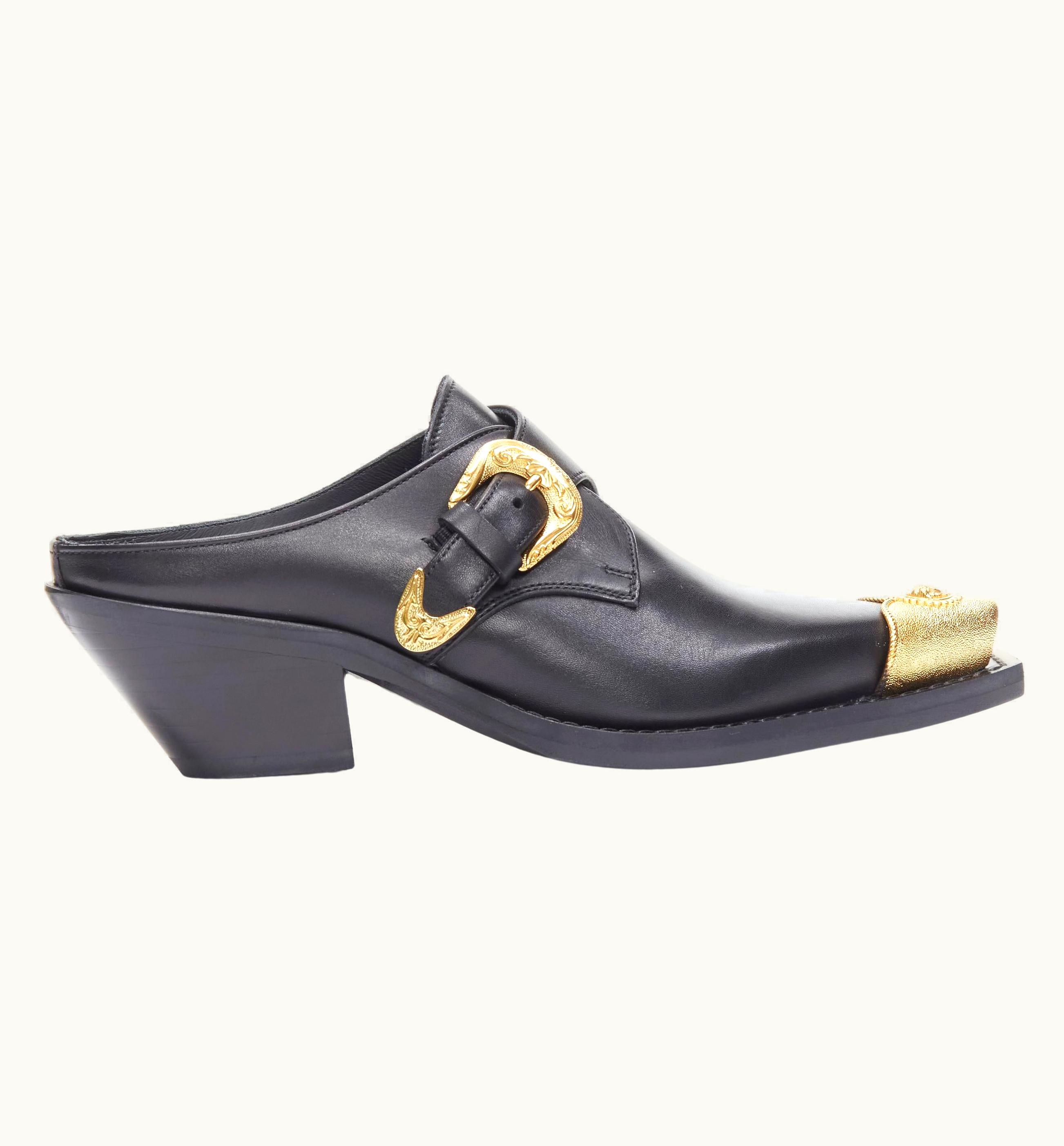 Versace Versace 2019 Black Leather Gold Medusa Toe Western Buckle Cuban Mule UZ0579580