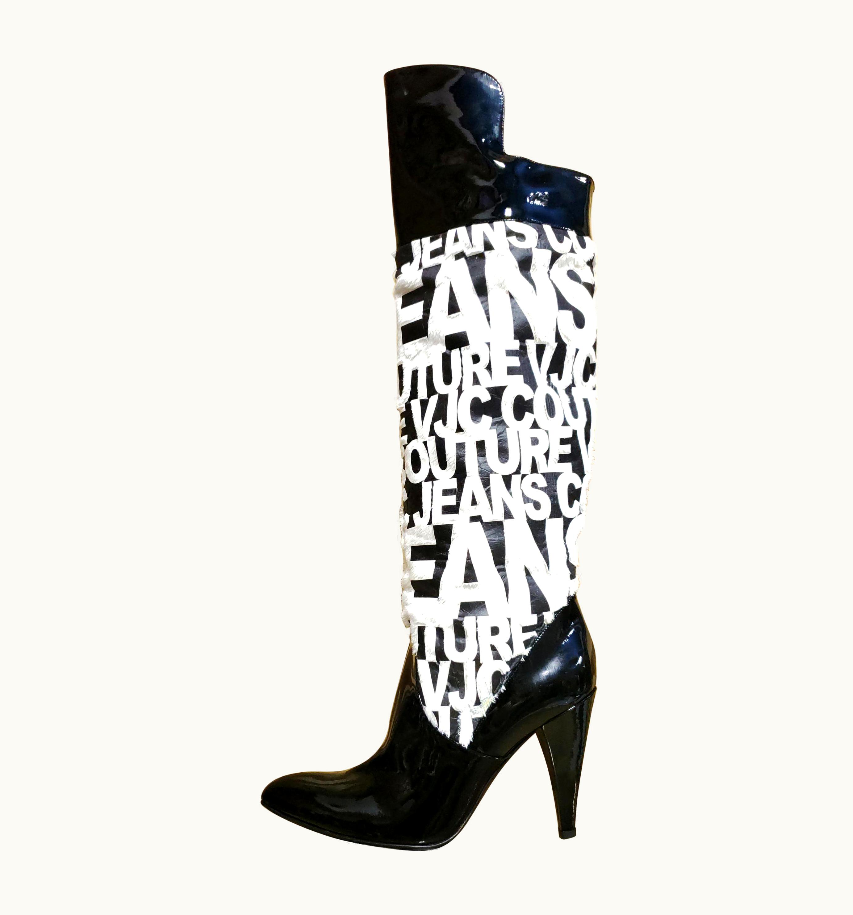 Versace Versace Vjc Black And White Patent Leather And Faux Fur Over Knee Boots