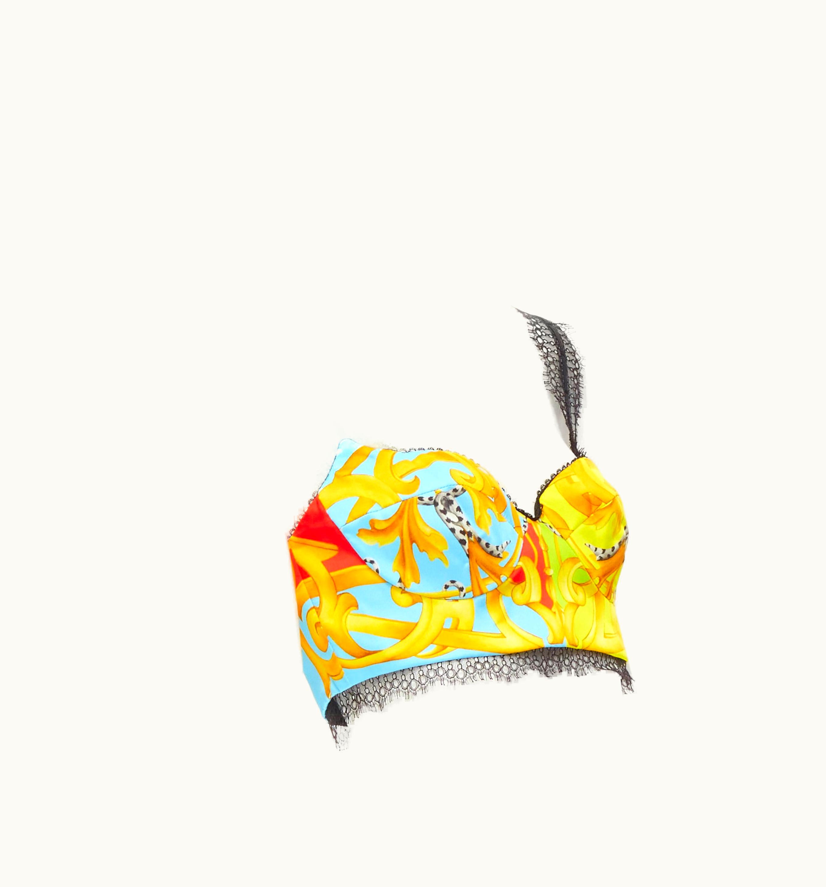 Versace Versace Barocco Acanthus Pop Print Lace Trim Boned Bustier Bra Top UZ0579586