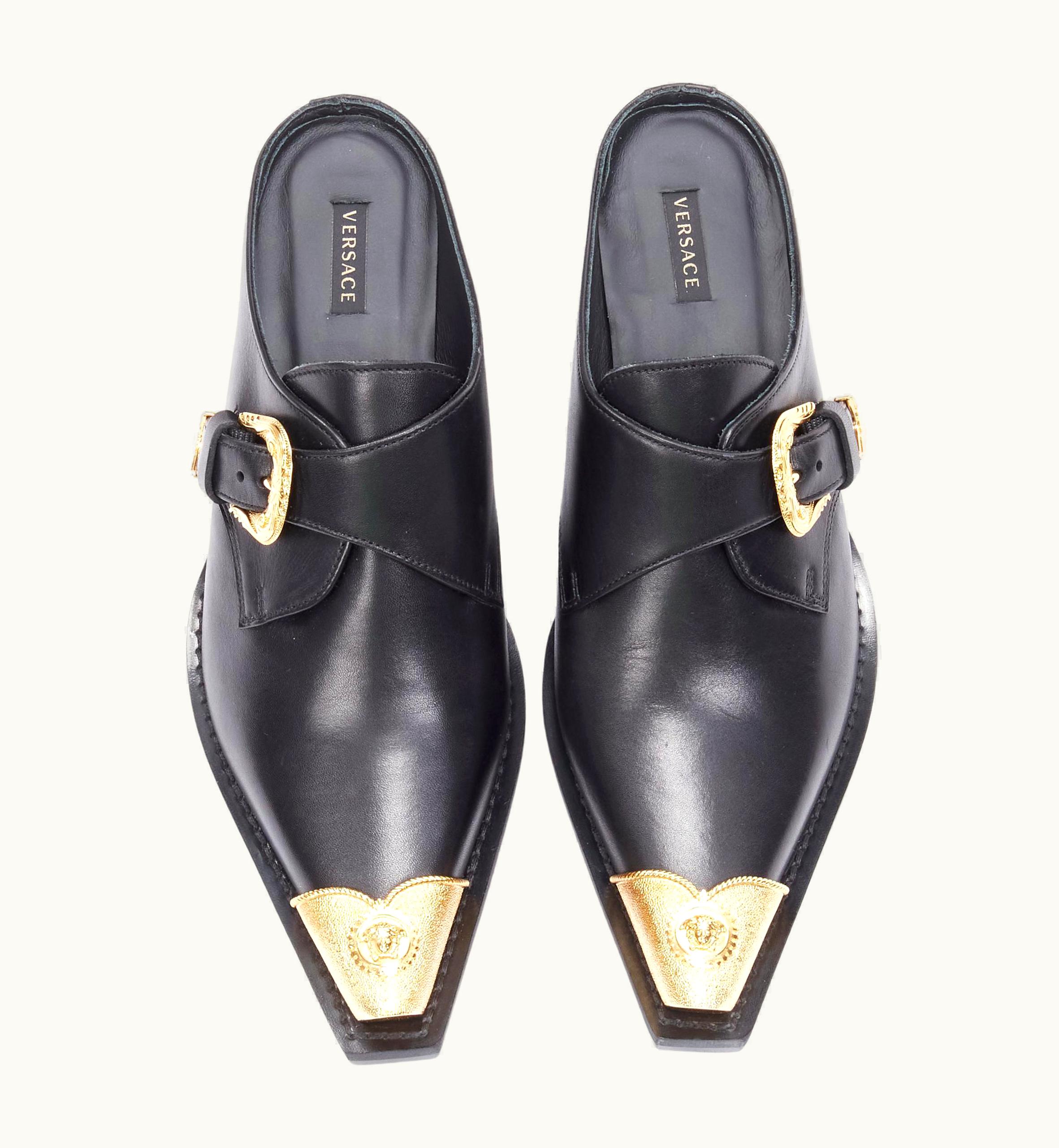 Versace Versace 2019 Black Leather Gold Medusa Toe Western Buckle Cuban Mule UZ0579597
