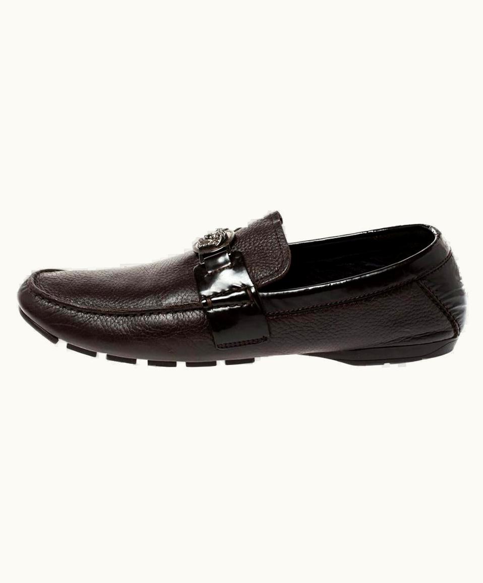 Versace Versace Brown Leather And Patent Trim Medusa Detail Slip On Loafers