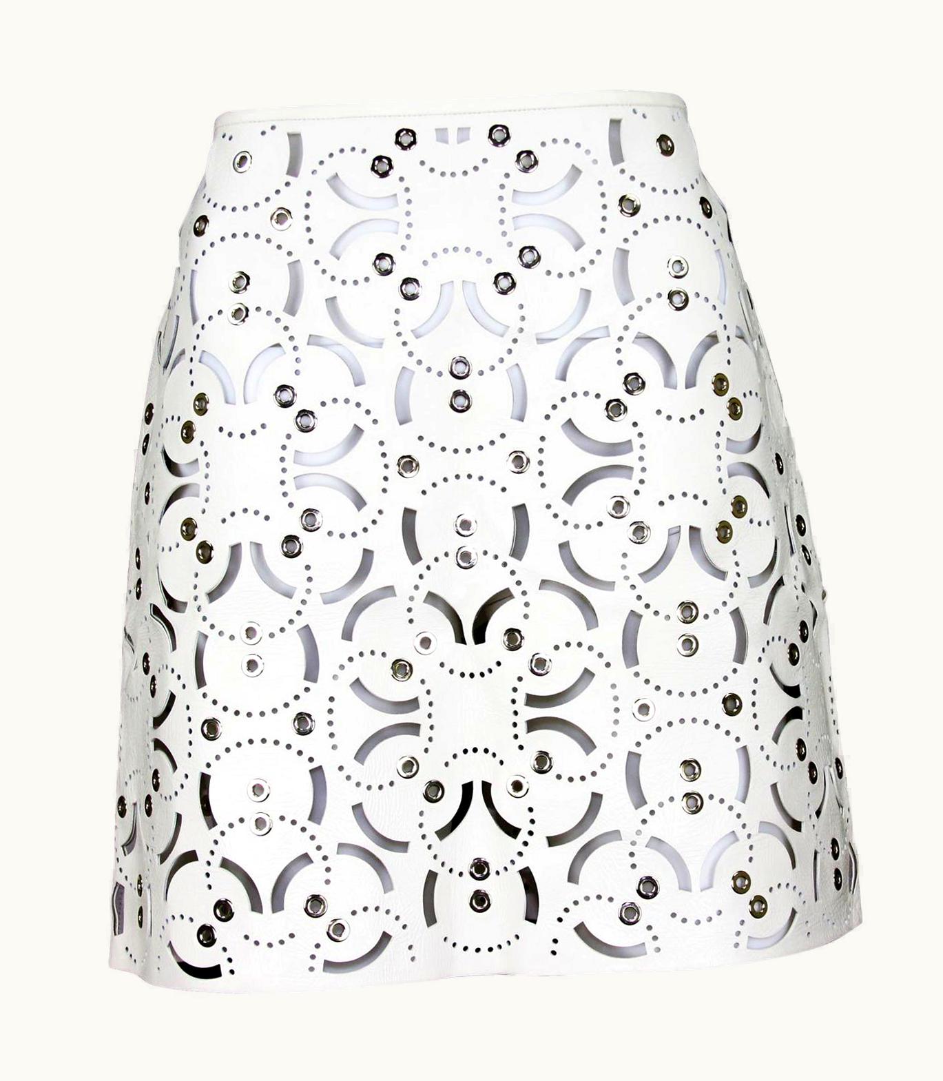 Versace Versace Runway Laser Cut Silver Tone Grommet White Leather Skirt It