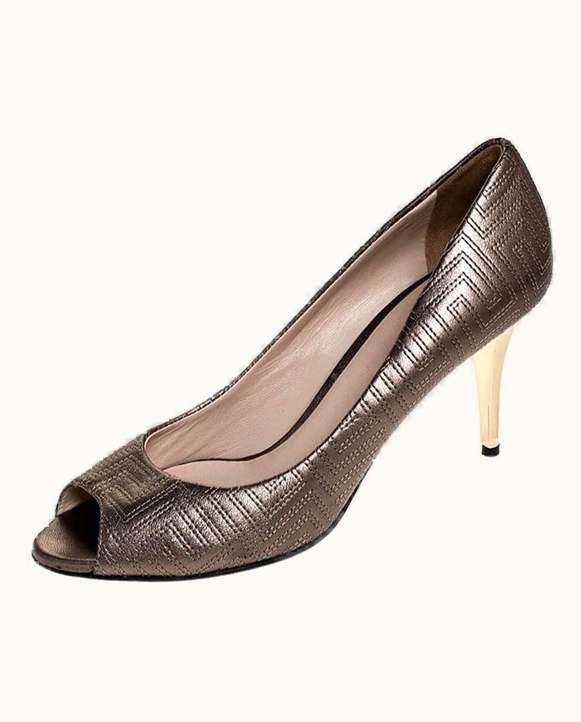 Versace Versace Metallic Grey Embroidered Leather Peep Toe Platform Pumps