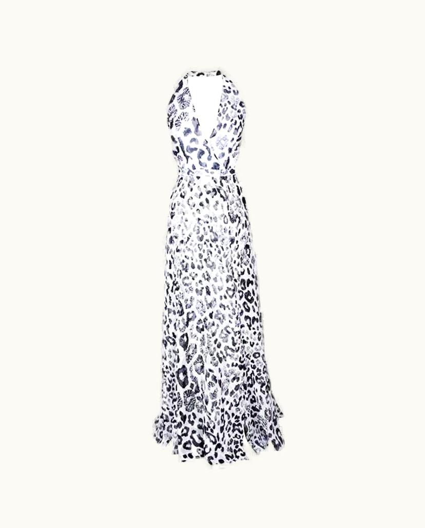 Versace Versus By Versace Silk Leopard Print Long Halter Dress Sexy High Slits It