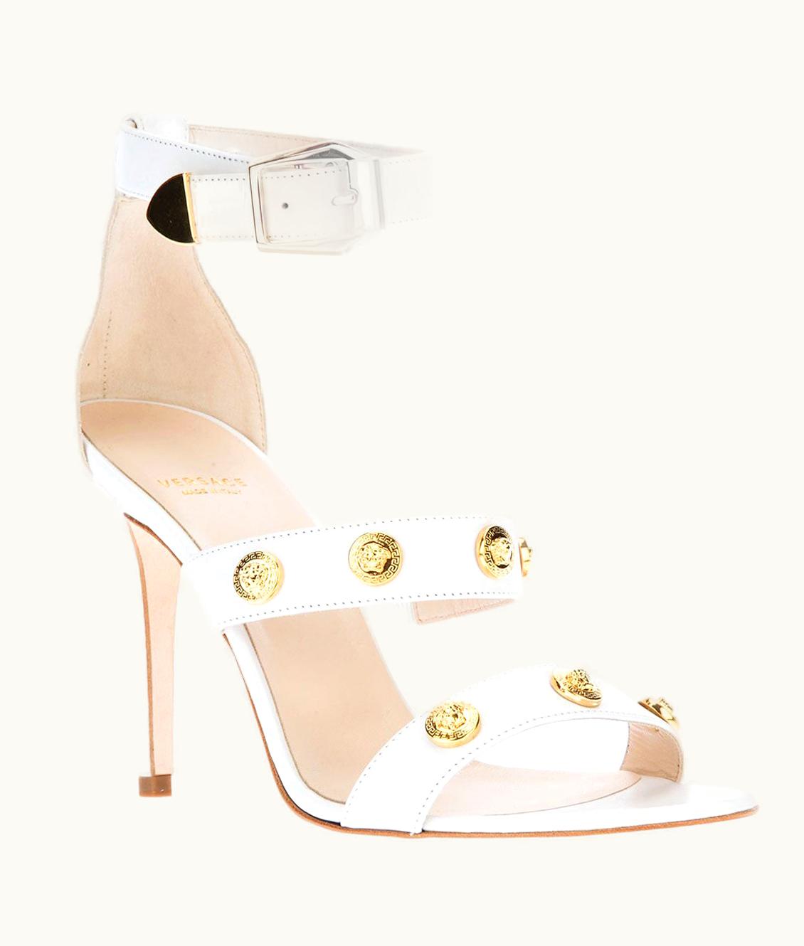 Versace Versace Signature Medusa Medallion Ankle-Strap White Leather Sandals