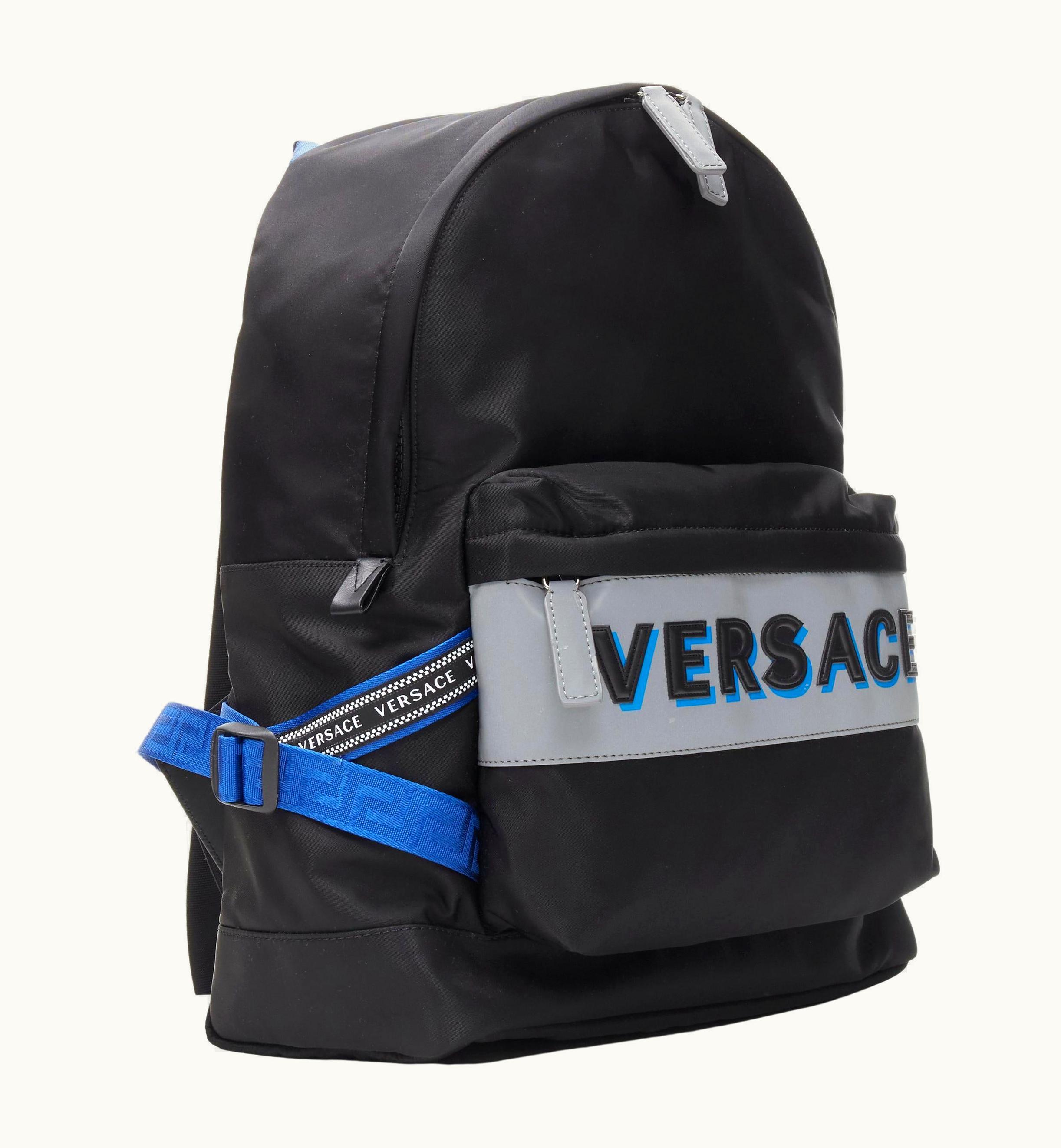 Versace Versace Reflective Logo Black Nylon Blue Greca Nylon Strap Backpack UZ0579627