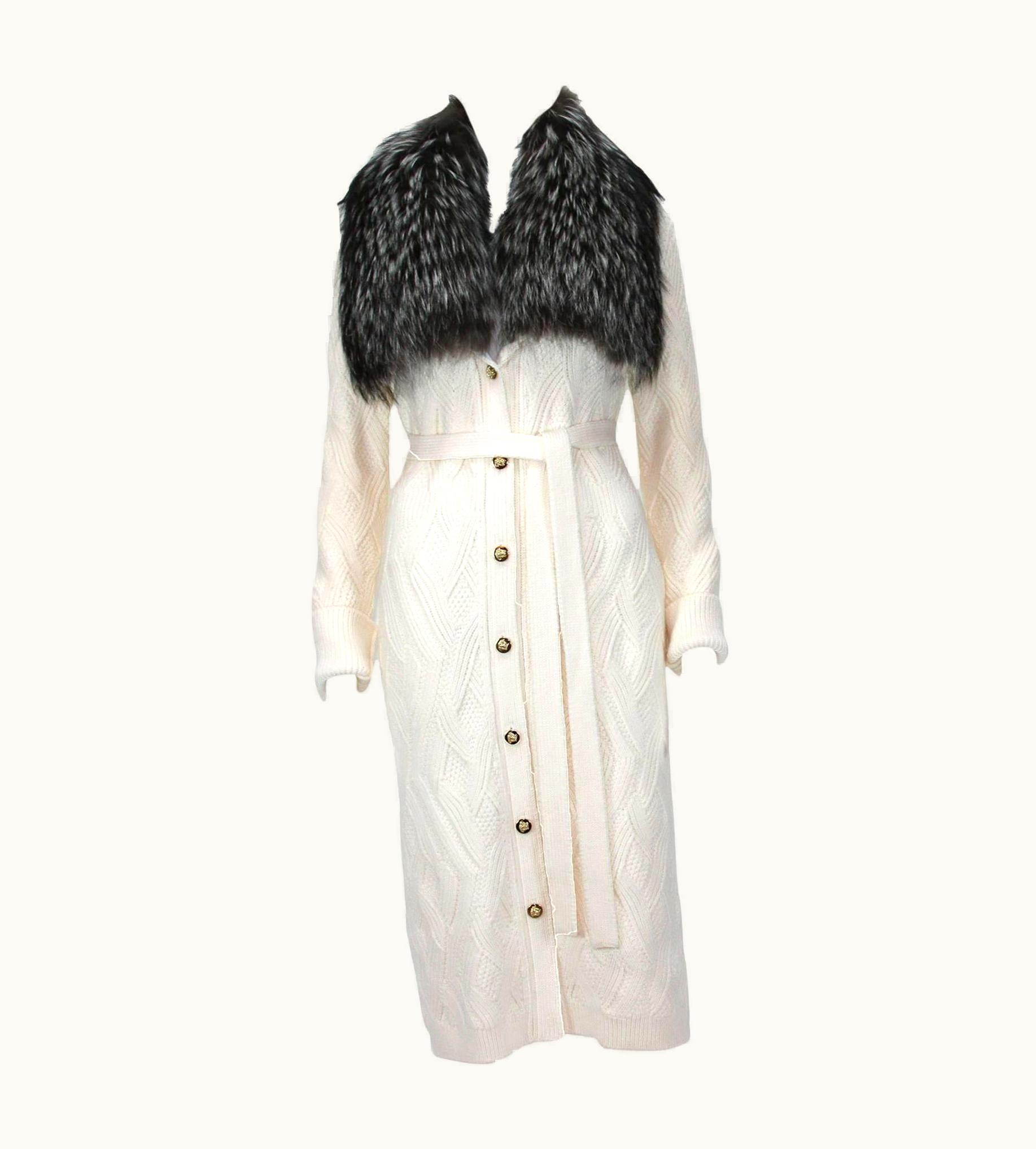 Versace Versace Cream Wool Cardigan Coat Removable Silver Fox Collar UZ0579628