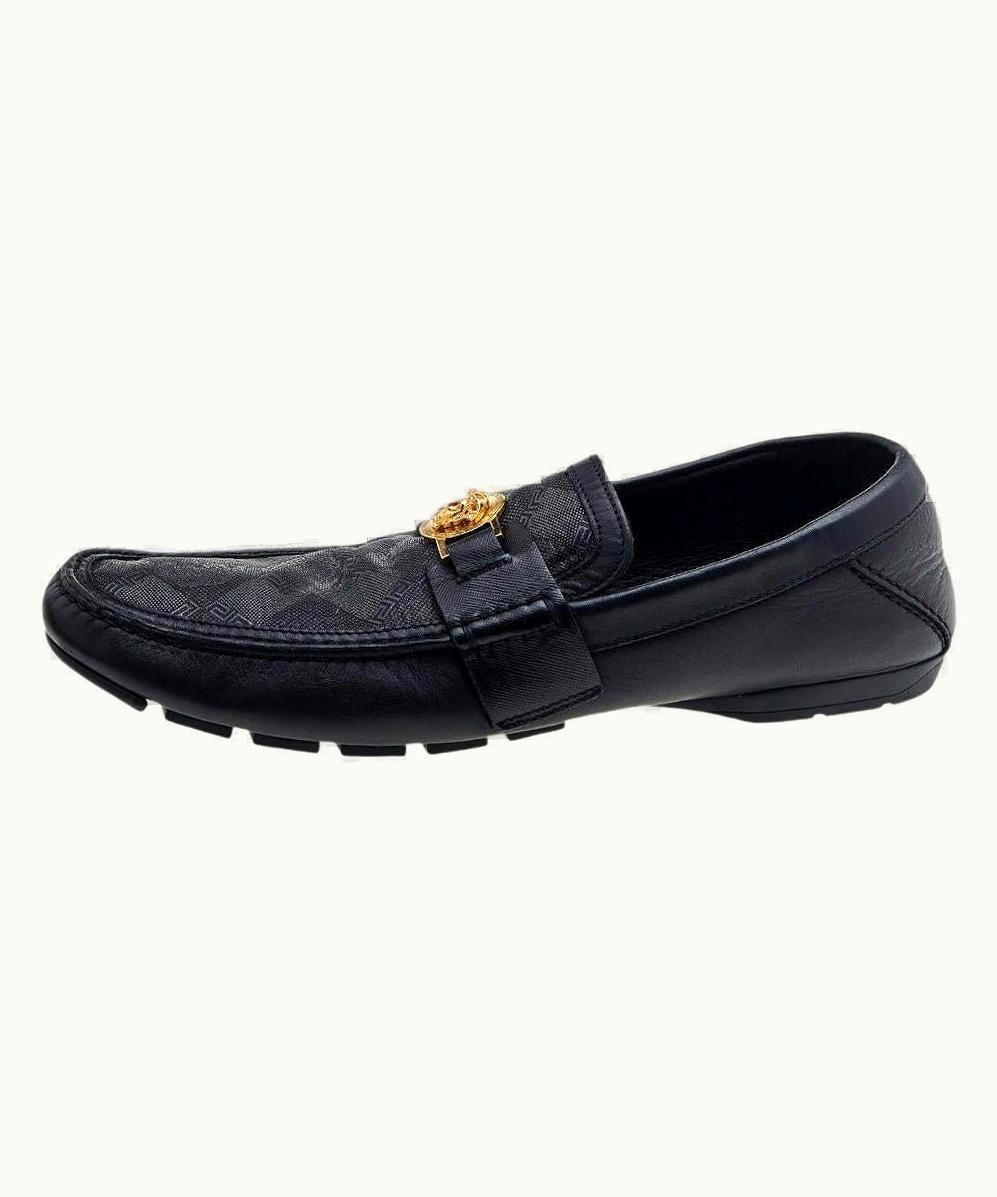 Versace Versace Black Leather And Monogram Fabric Medusa Slip On Loafers