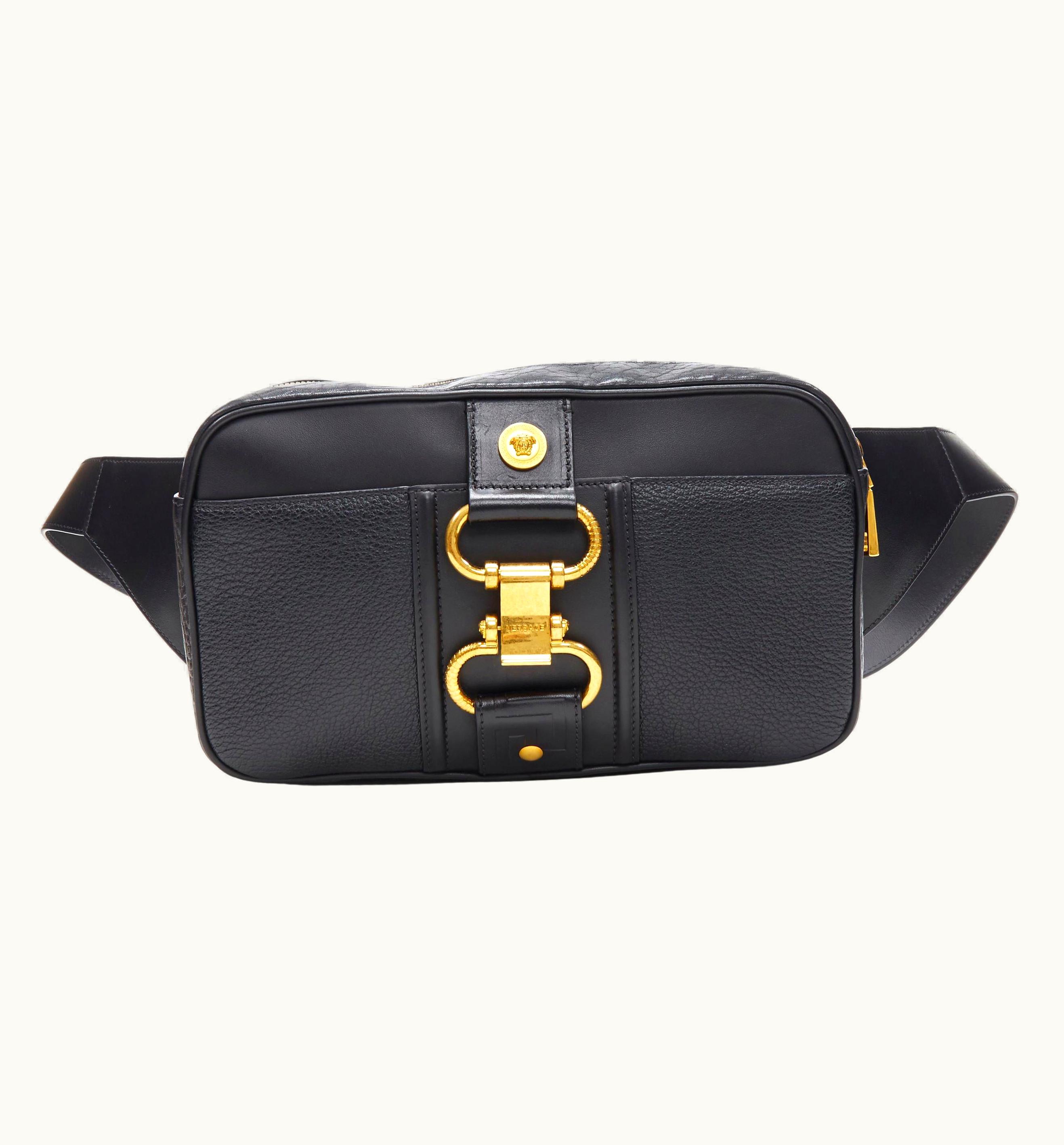 Versace Versace 2019 Runway Black Leather Clasp Buckle Medusa Crossbody Belt Bag