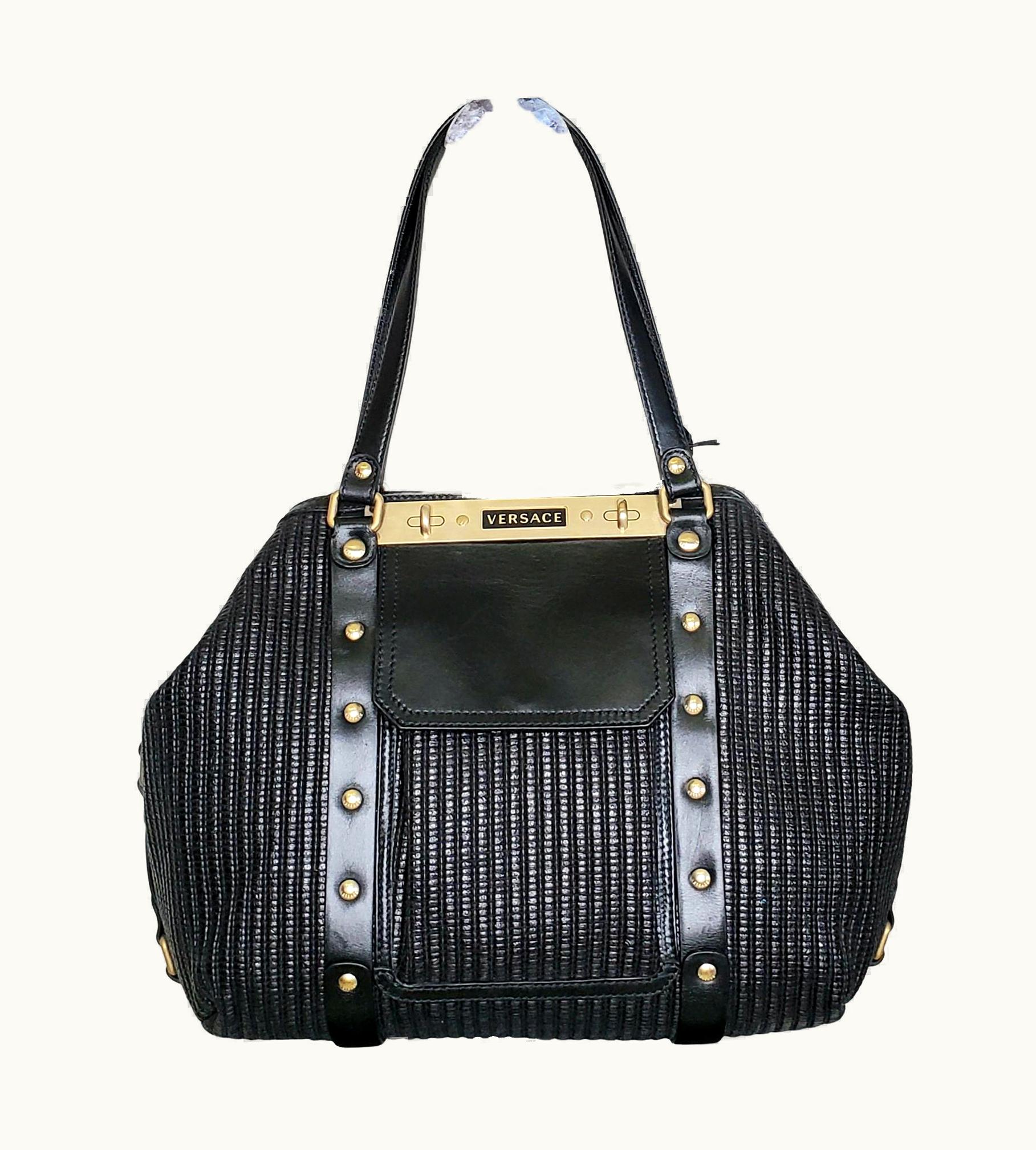 Versace Vintage Versace Woven Print Black Leather Brushed Gold Tone Hardware Handbag