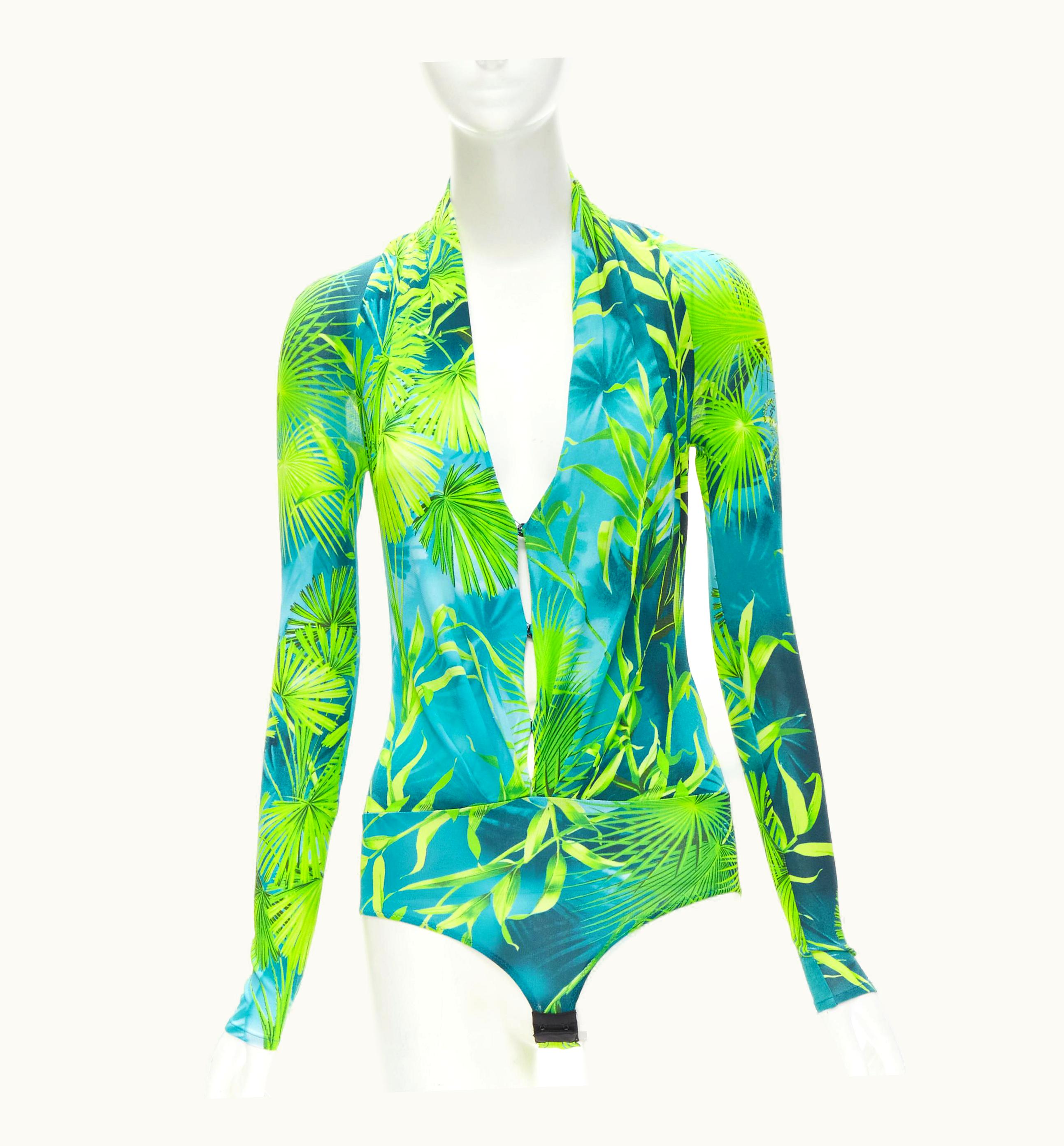 Versace Runway Versace Jlo Jungle Print Green Viscose Plunge Neck Bodysuit