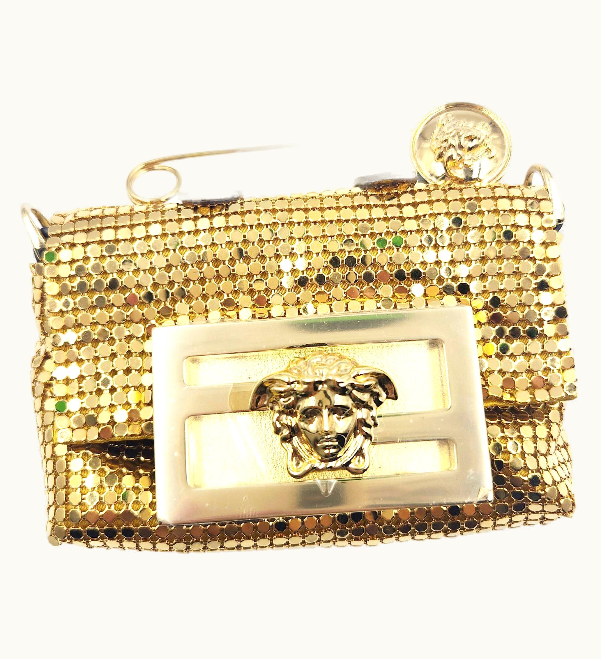 Fendi Fendace Gold Medusa Bling Mesh Mini Fendi Versace Ff Zucca Baguette Bag Chain