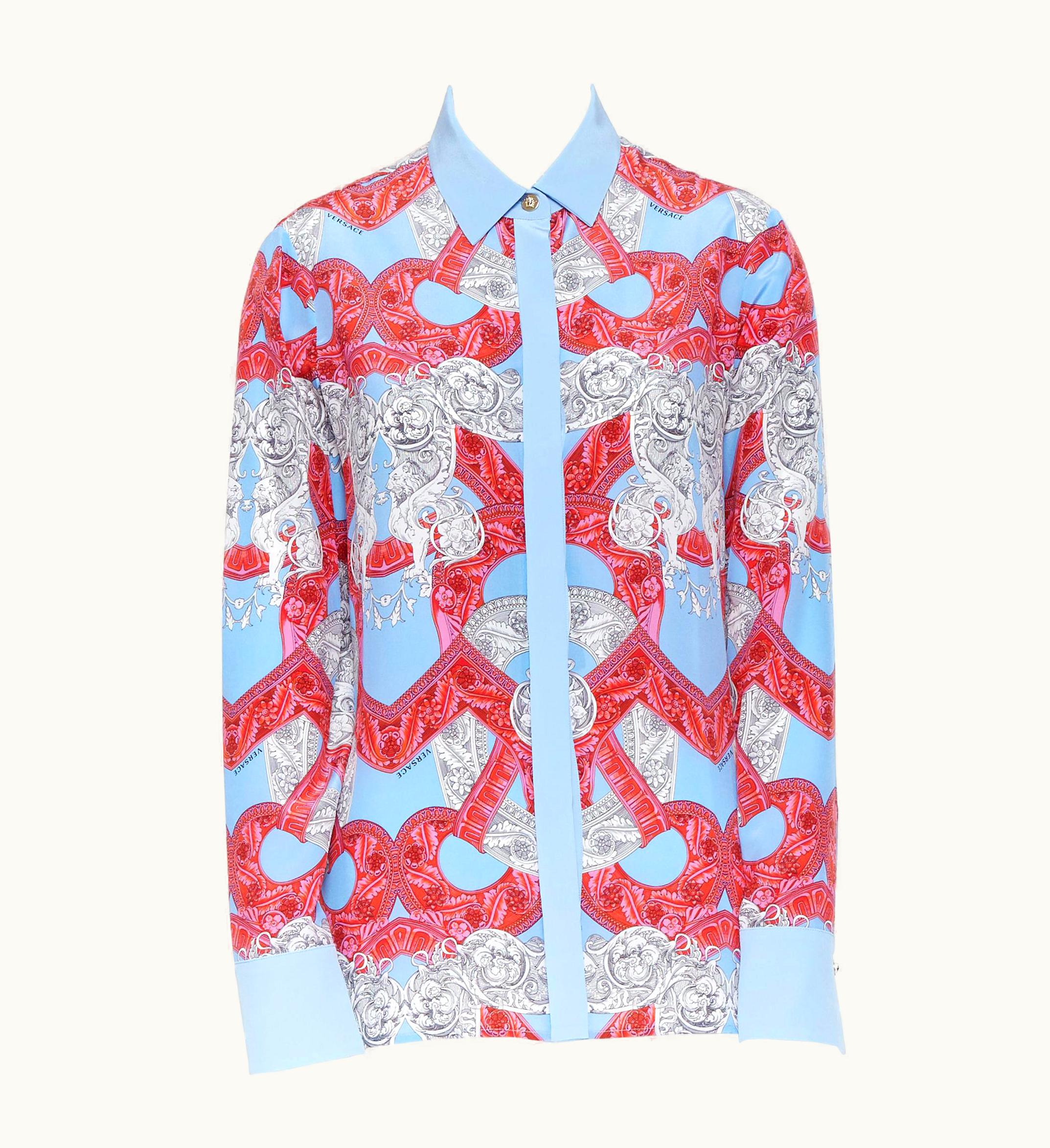 Versace Versace 2018 Runway Silk Blue Pink Baroque Barocco Print Medusa Shirt