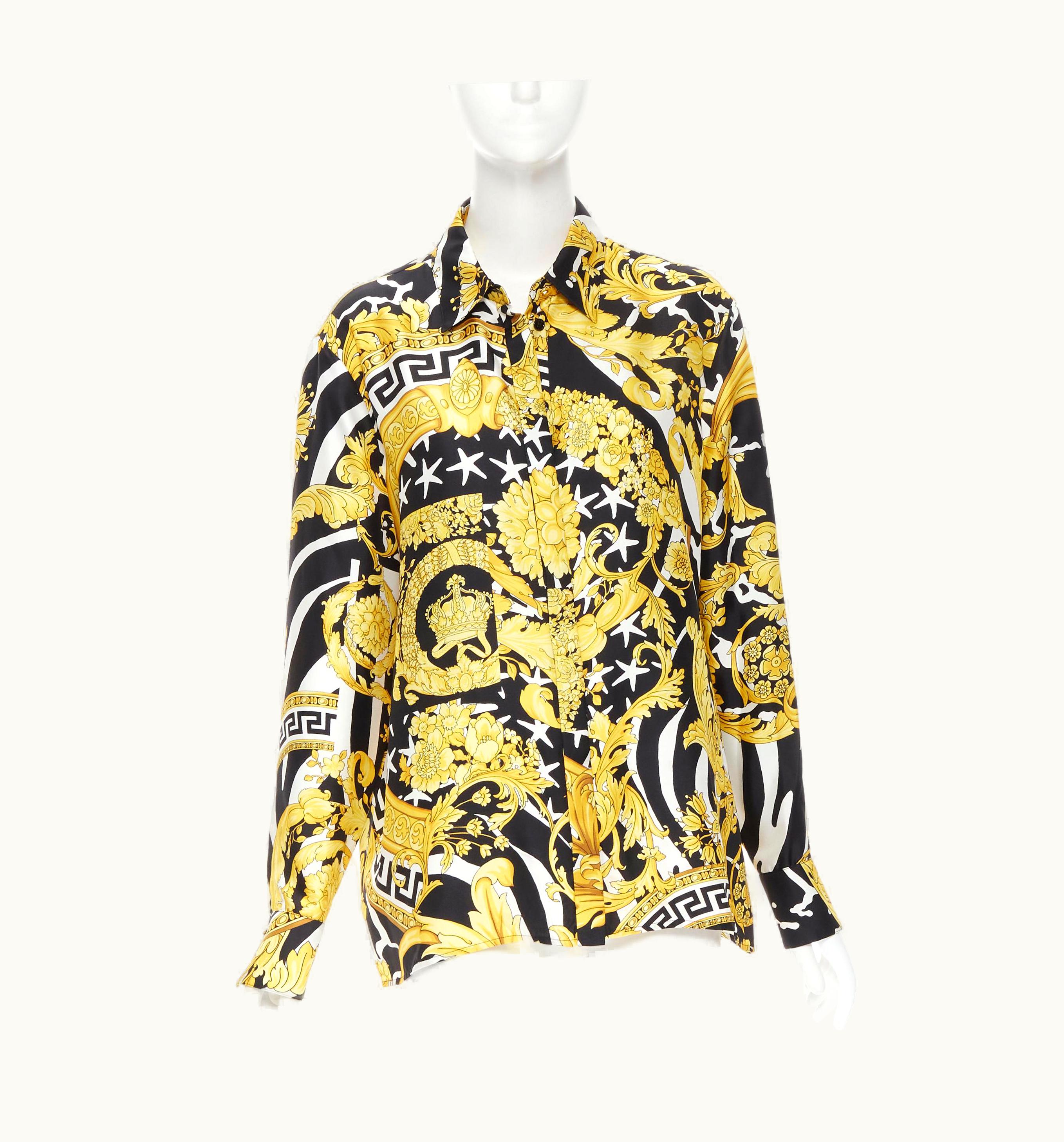 Versace Versace Runway Savage Barocco Black Gold Greca Baroque Silk Shirt