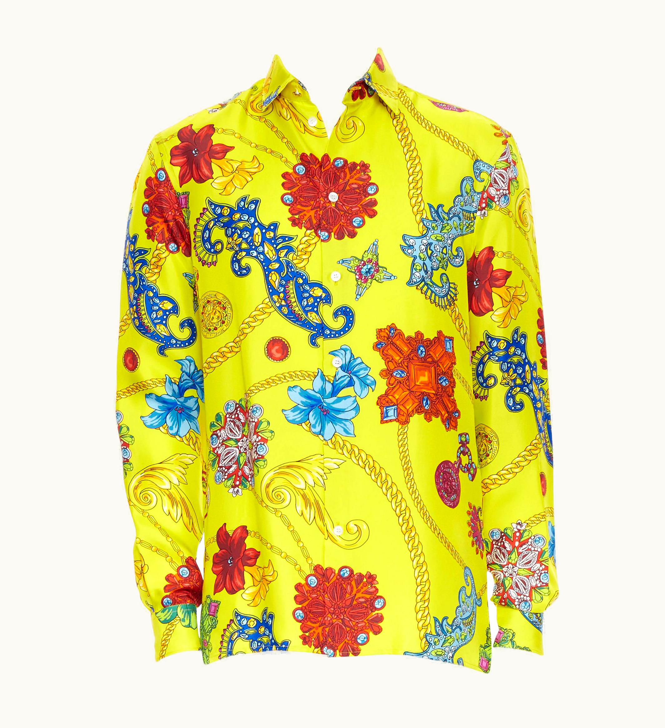 Versace Versace S/S Runway Yellow Silk Vintage Jewel Medusa Button Shirt