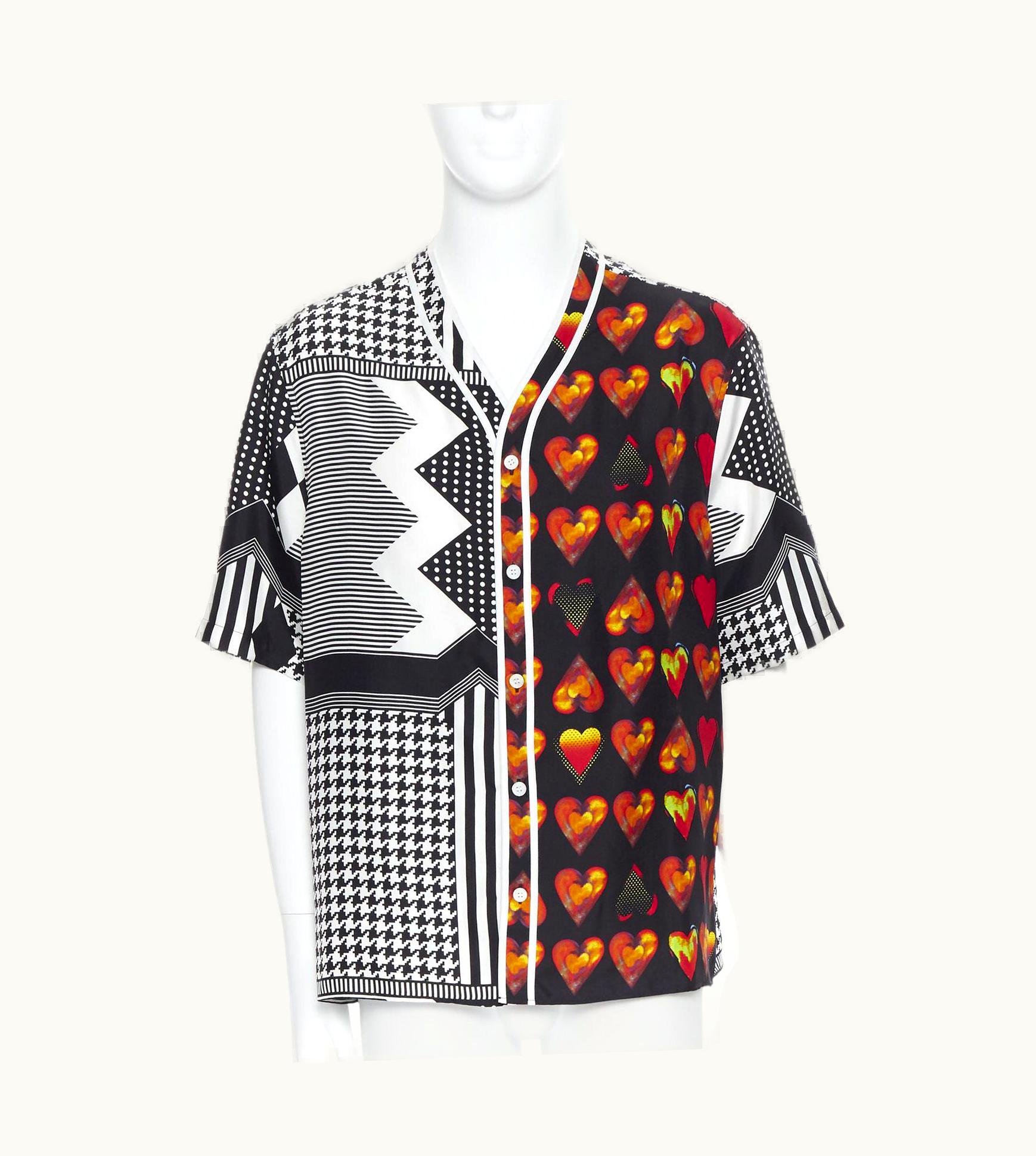 Versace Versace Jim Dine Red Heart Black Chevron Print Baseball Silk Shirt UZ0579686