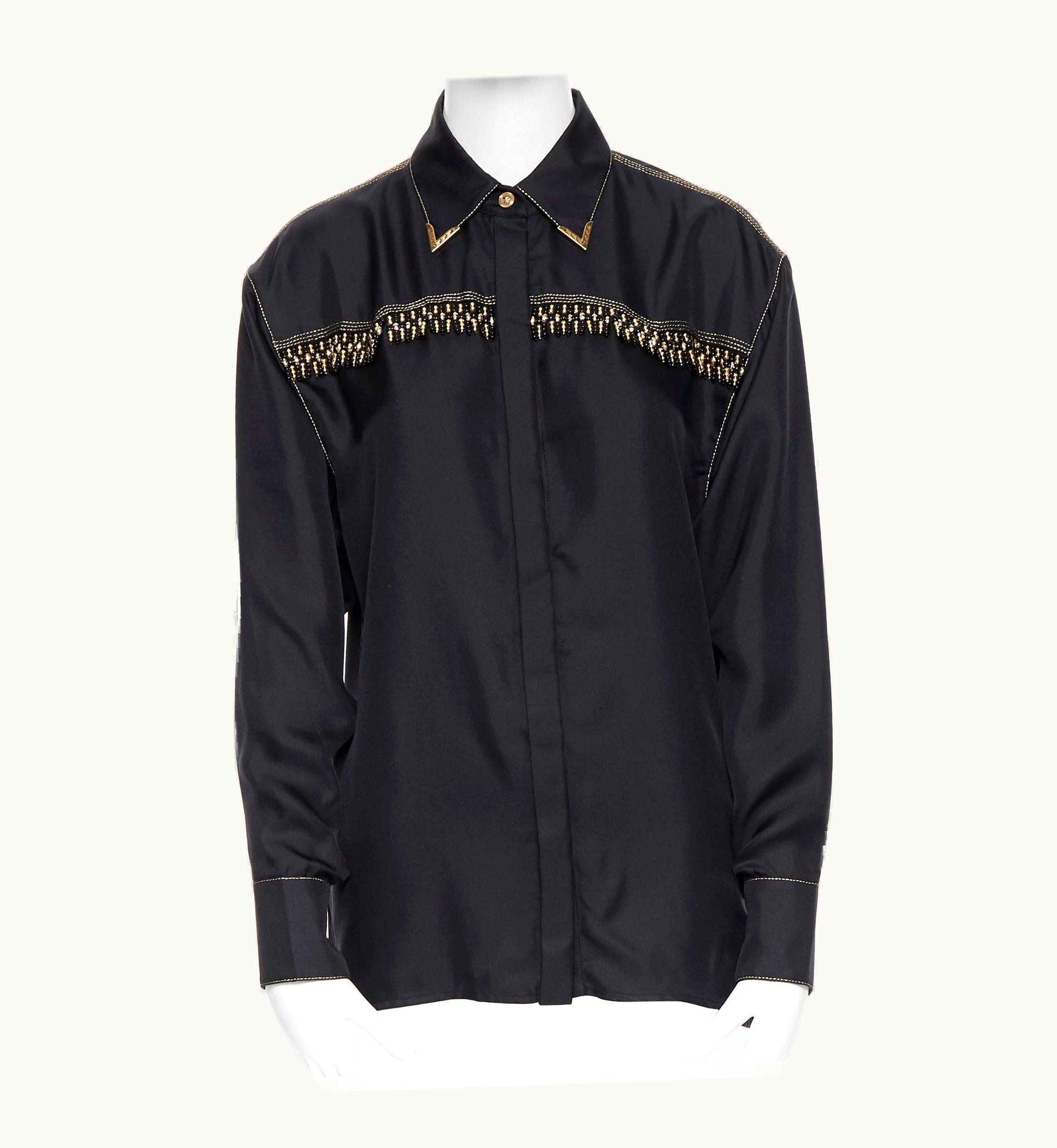 Versace Versace S/S Tribute Runway Black Silk Gold Bead Fringe Western Shirt
