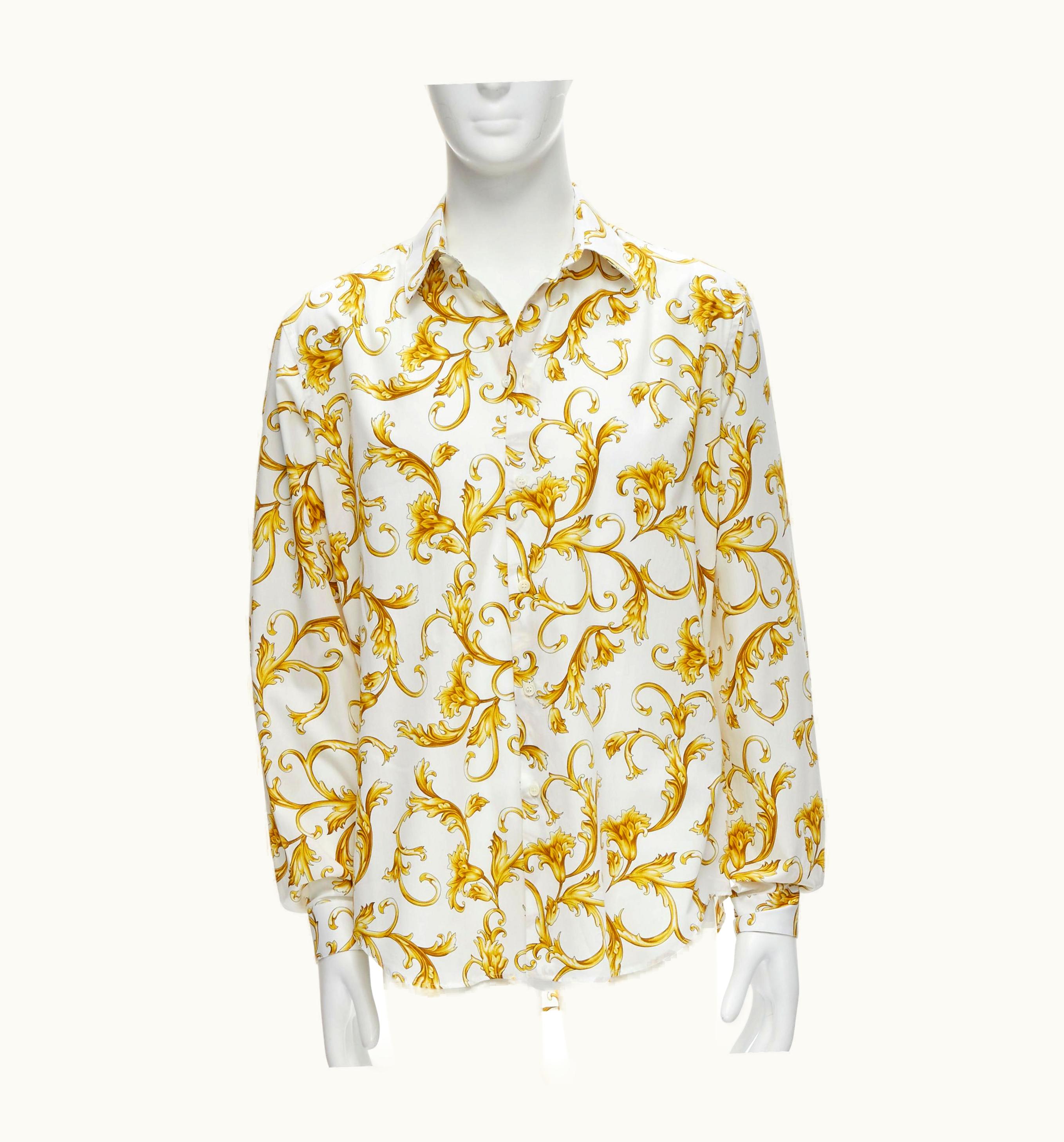 Versace Versace Barocco Rococo White Gold Floral Leaf Cotton Shirt  S/S
